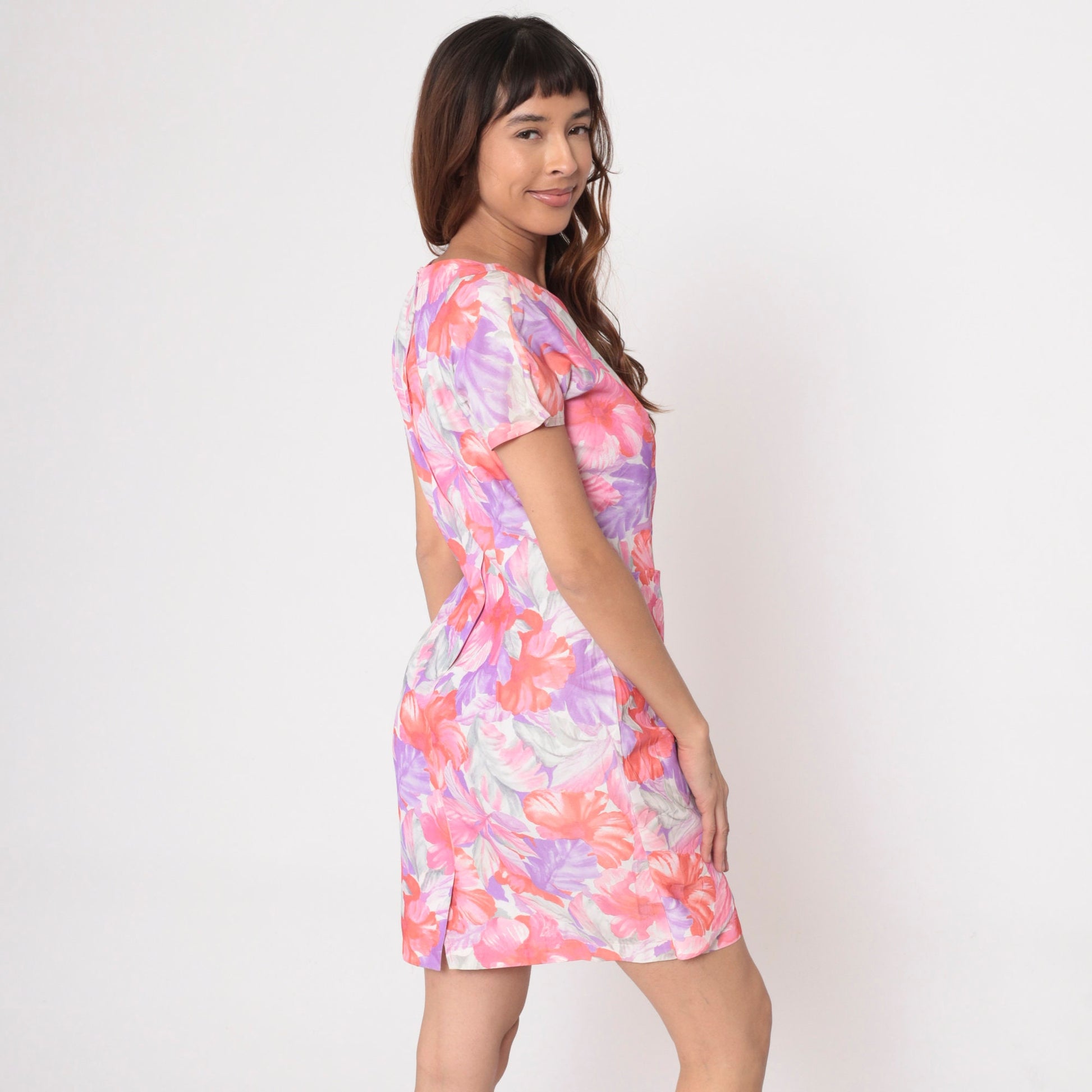 80s Tropical Floral Mini Wrap Dress Purple Orange Short Sleeve Small