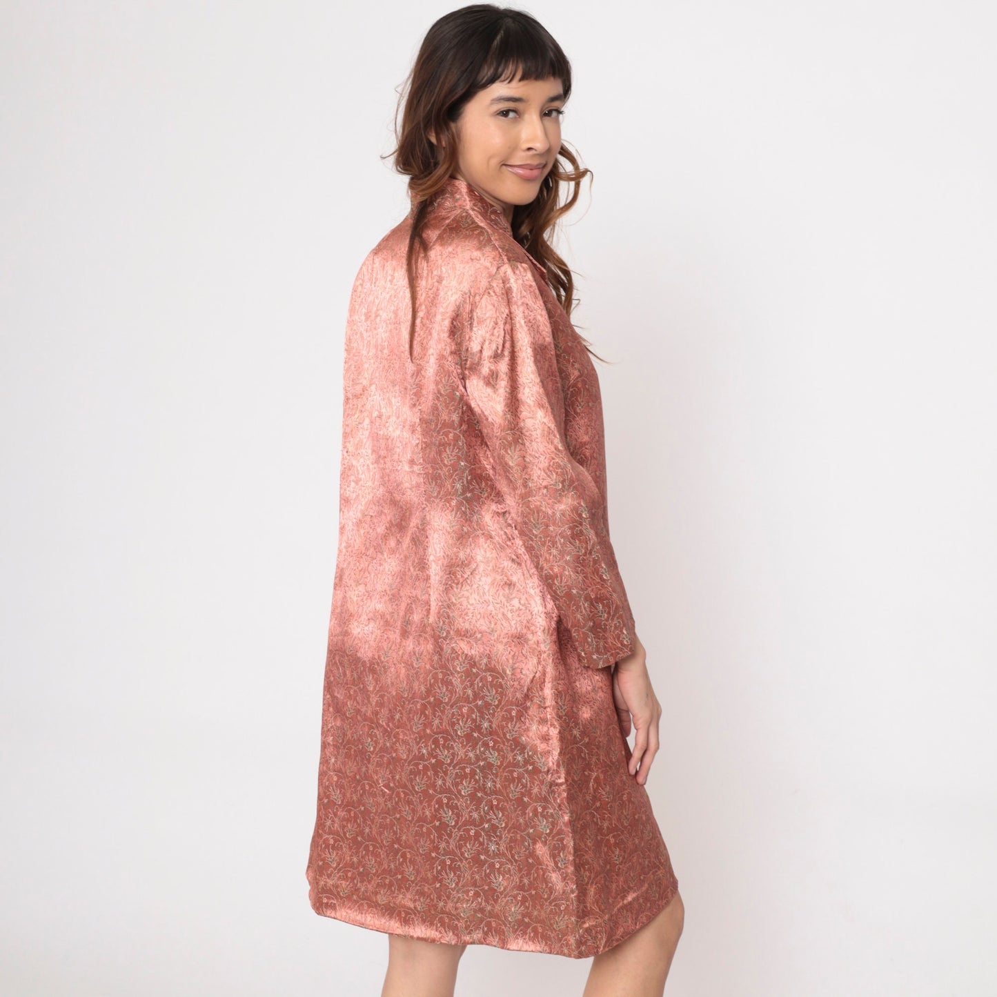 60s Pink Brocade Jacket Floral Bird Design Knee Length Button Up Medium