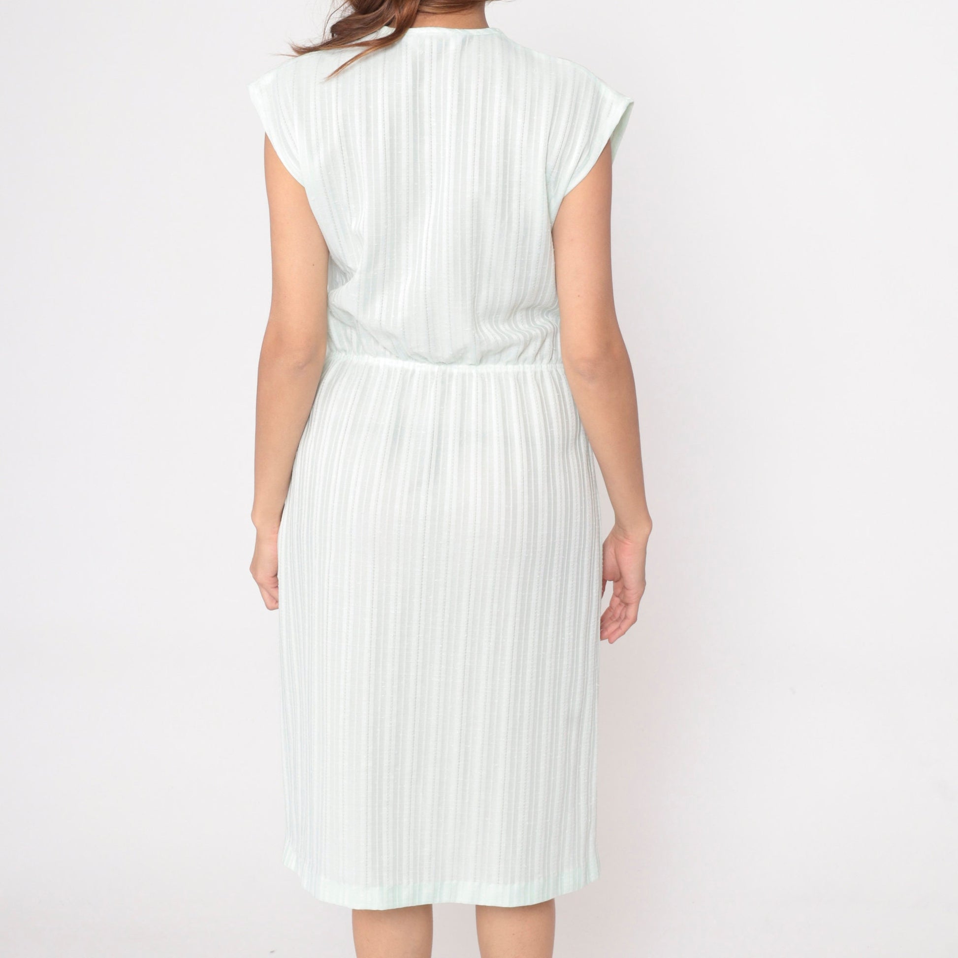 70s Pale Green Striped Midi Dress Cap Sleeve High Waist Small Medium