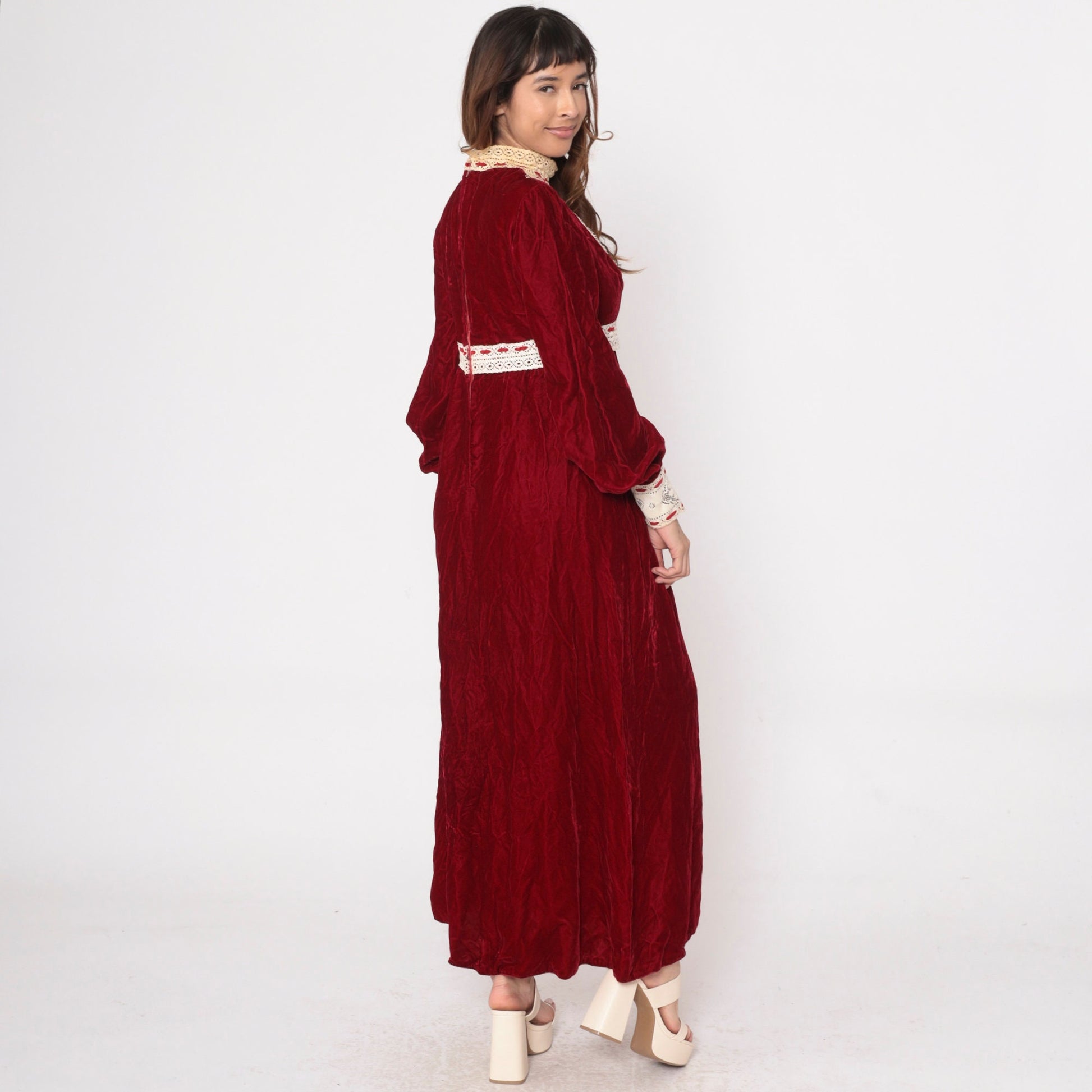 70s Red Velvet Maxi Dress Empire Waist Lace Bib Balloon Sleeve Medium