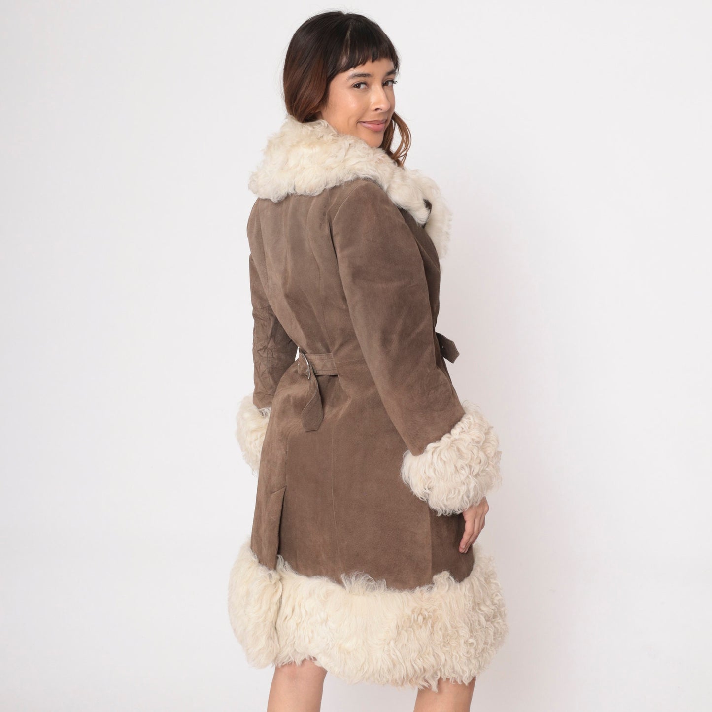 1970s Brett's Brown Suede Shearling Jacket Buckle Belt Small