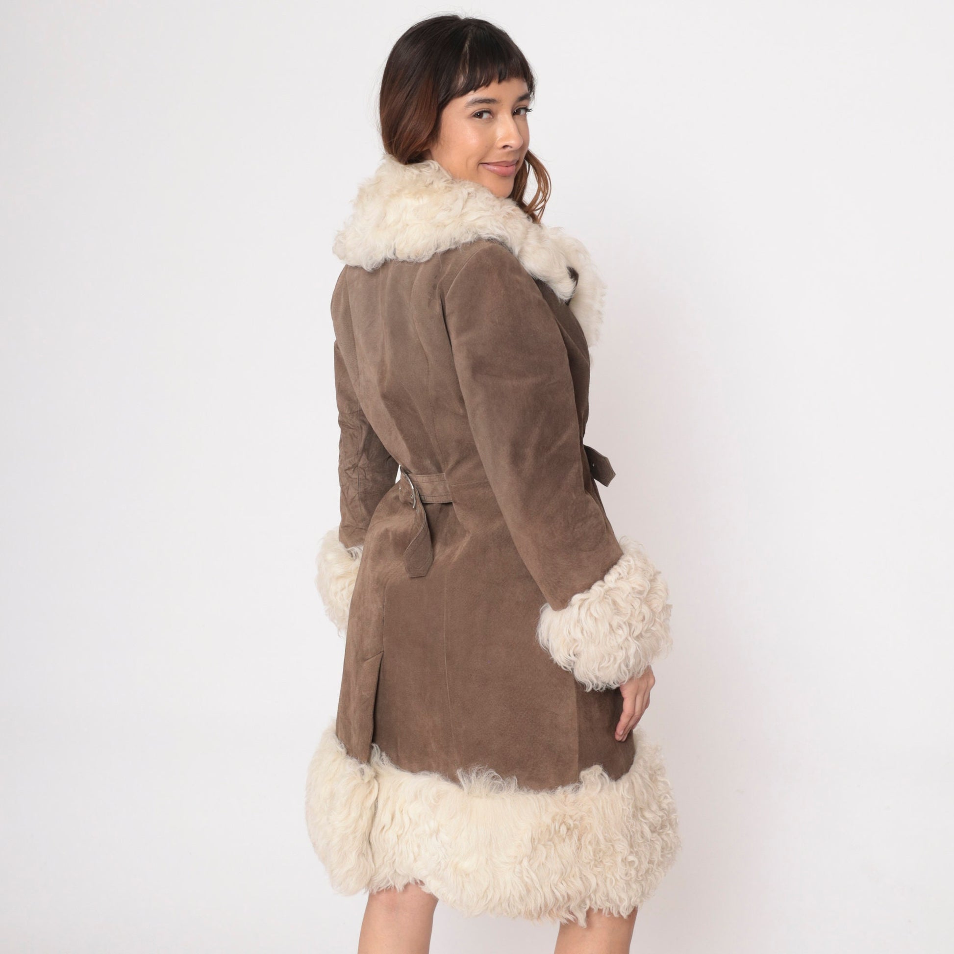 1970s Brett's Brown Suede Shearling Jacket Buckle Belt Small