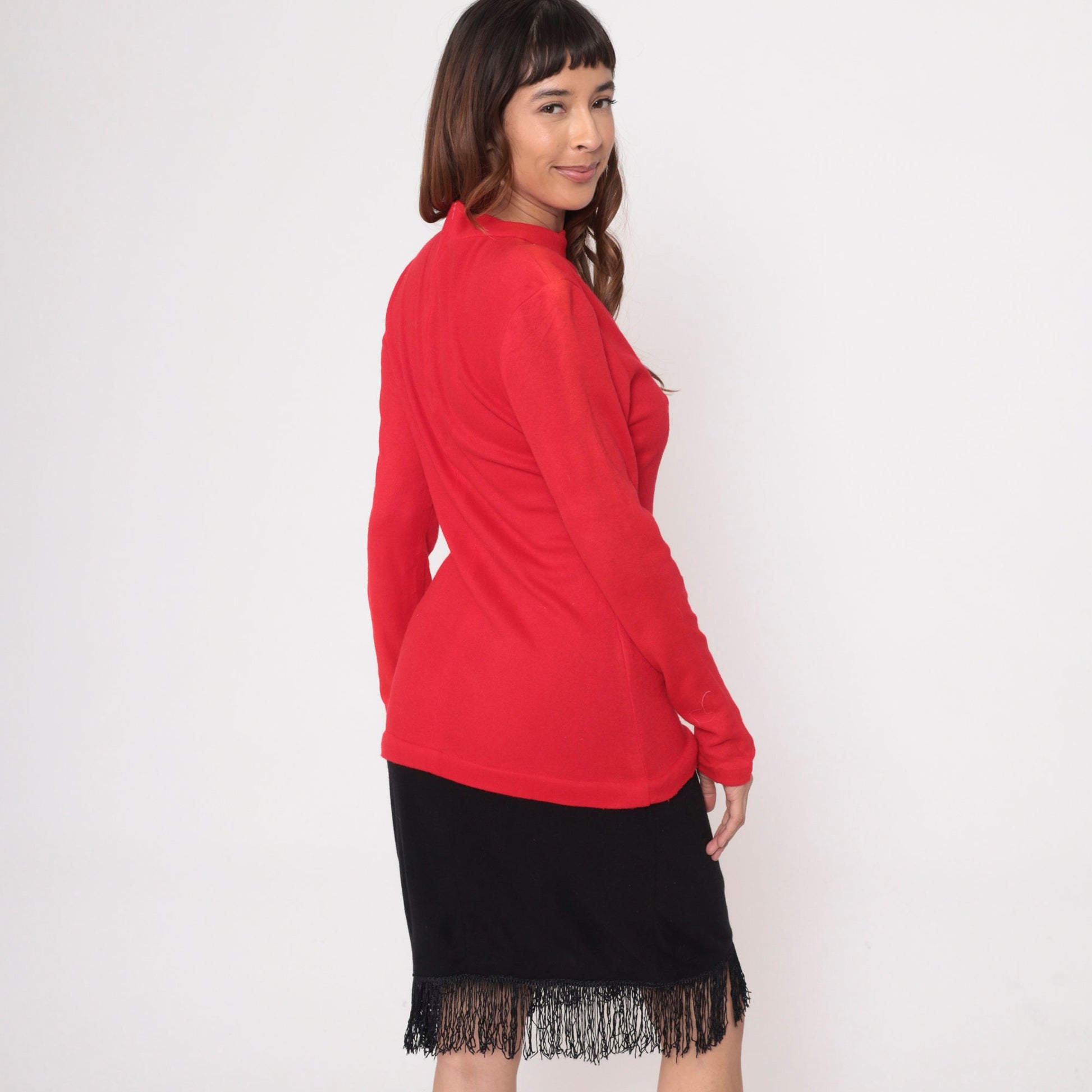 80s Color Block Dress Red Black Fringe Mock Neck Drop Waist Small