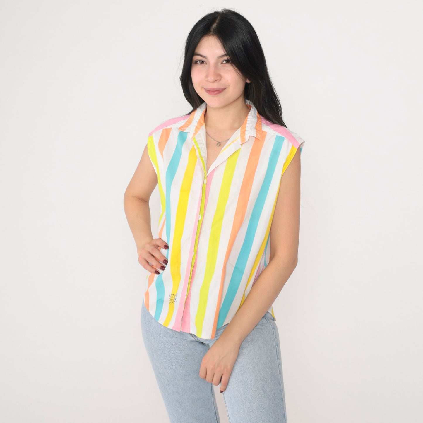 90s Esprit Sport Striped Tank Top Collared Sleeveless Blouse Small S