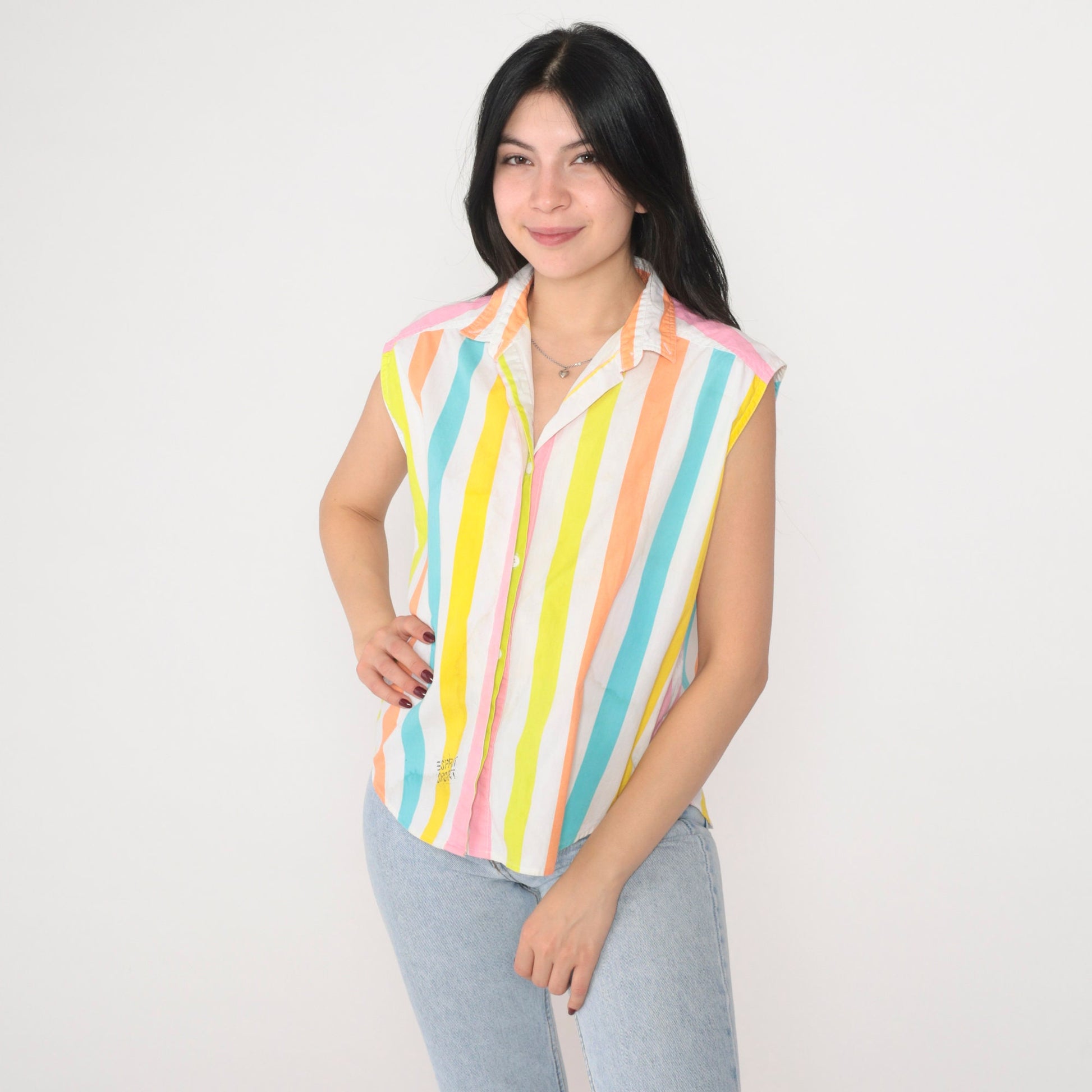 90s Esprit Sport Striped Tank Top Collared Sleeveless Blouse Small S