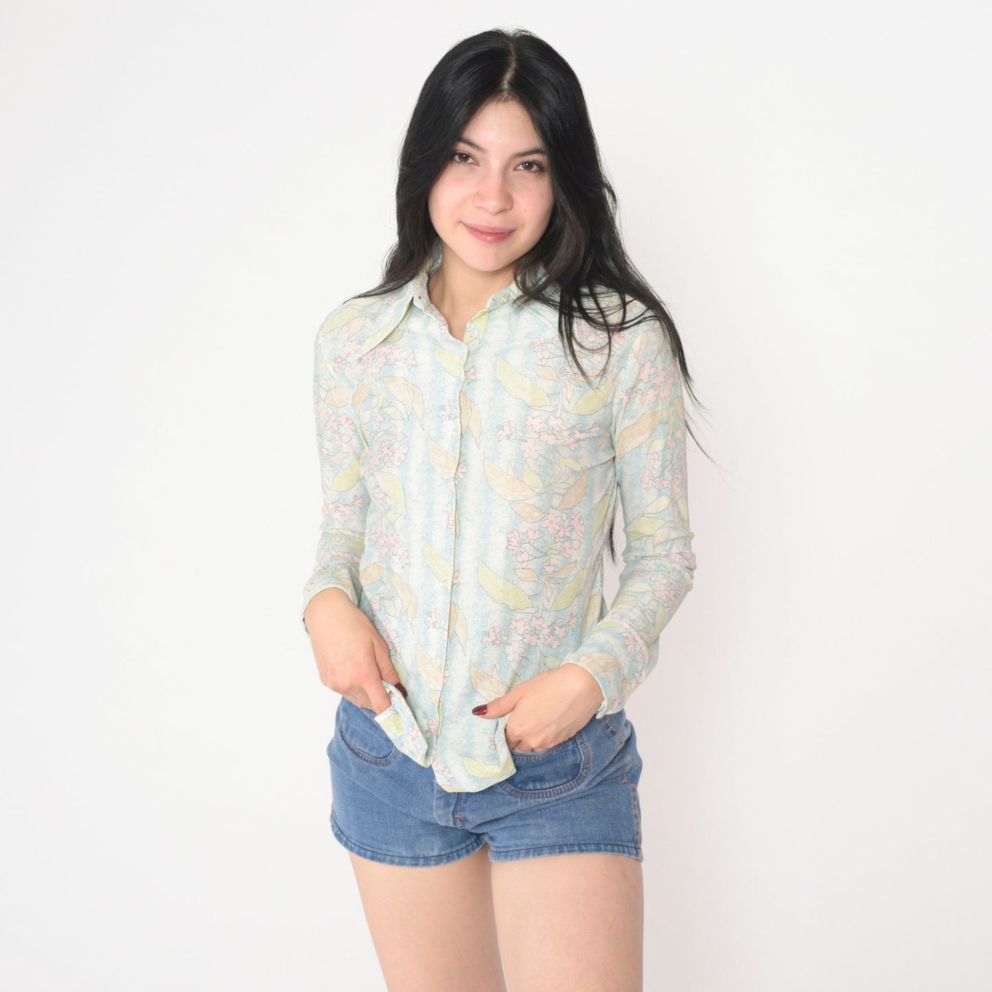 70s Floral Print Dagger Collar Blouse Long Sleeve Button Up Blue White Small