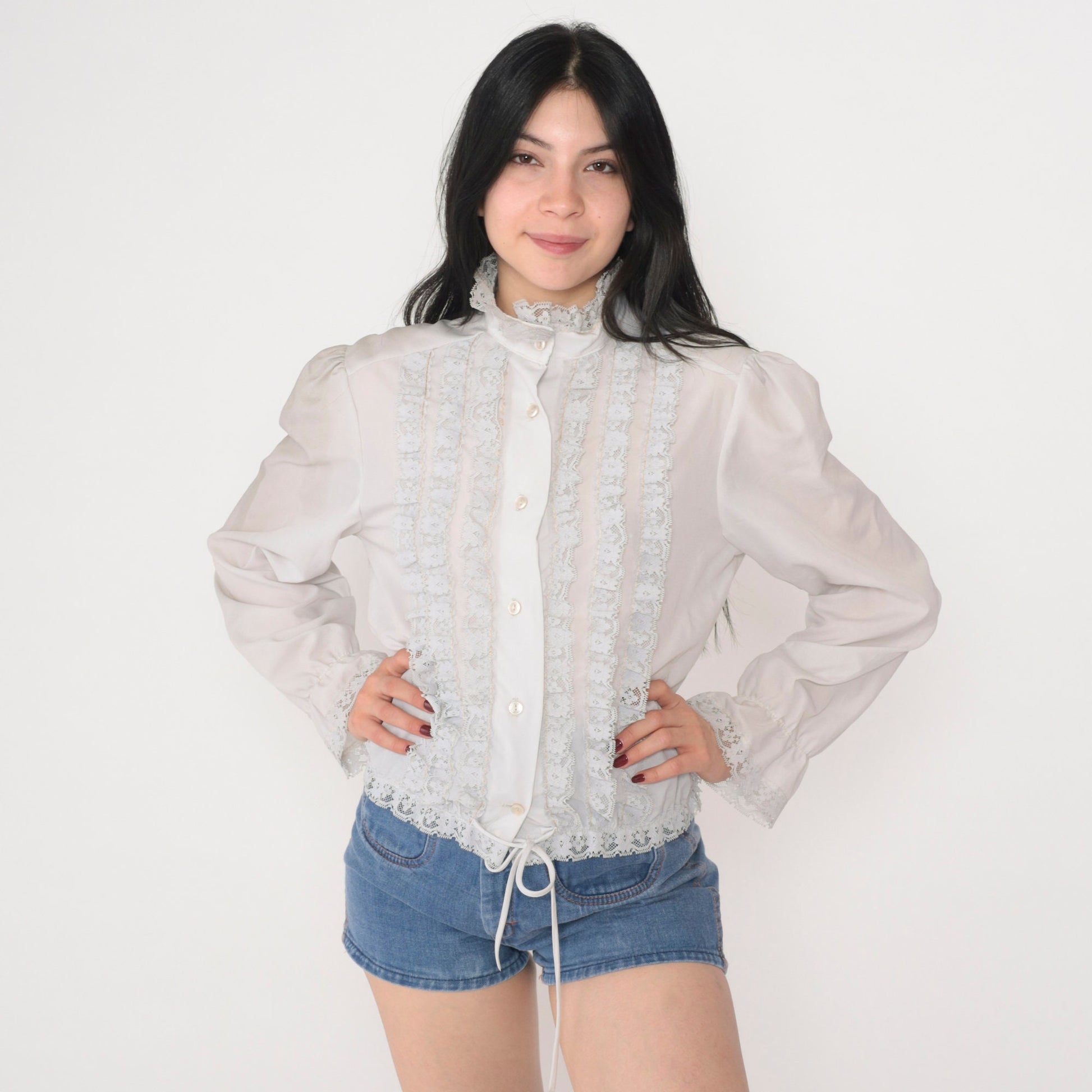70s Off-White Lace Trim Puff Sleeve Button-Up Blouse High Neck Medium M
