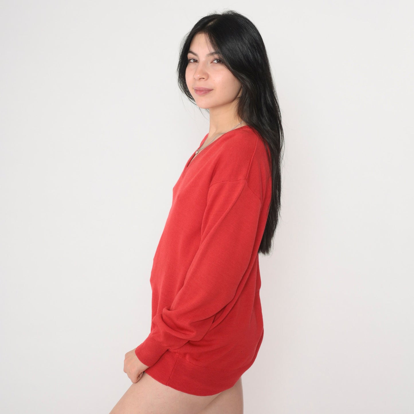 70s Chiemar Red Wool V-Neck Pullover Sweater Medium M