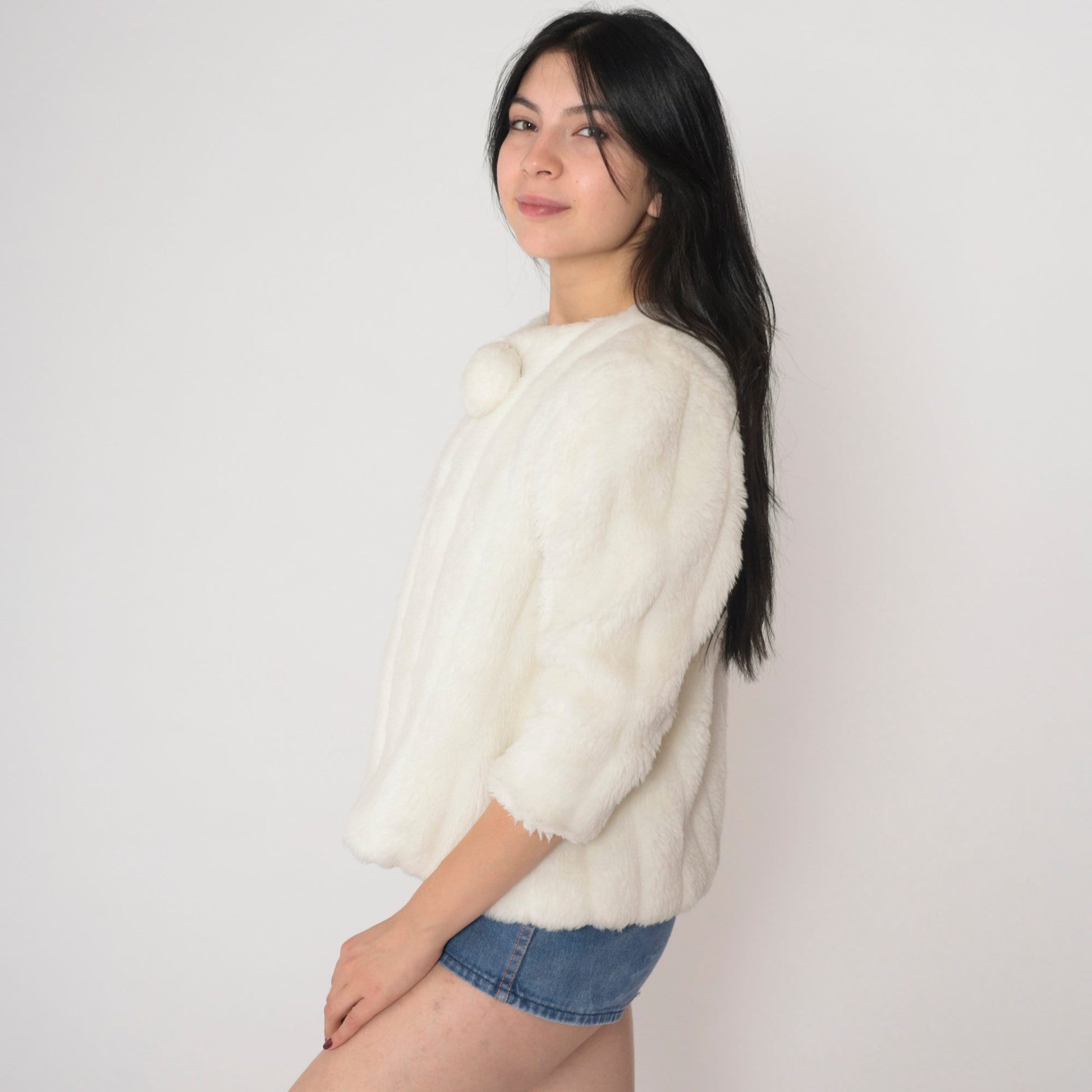 90s Off-White Faux Fur Jacket Open Front Tie Neck Pom Pom Extra Small