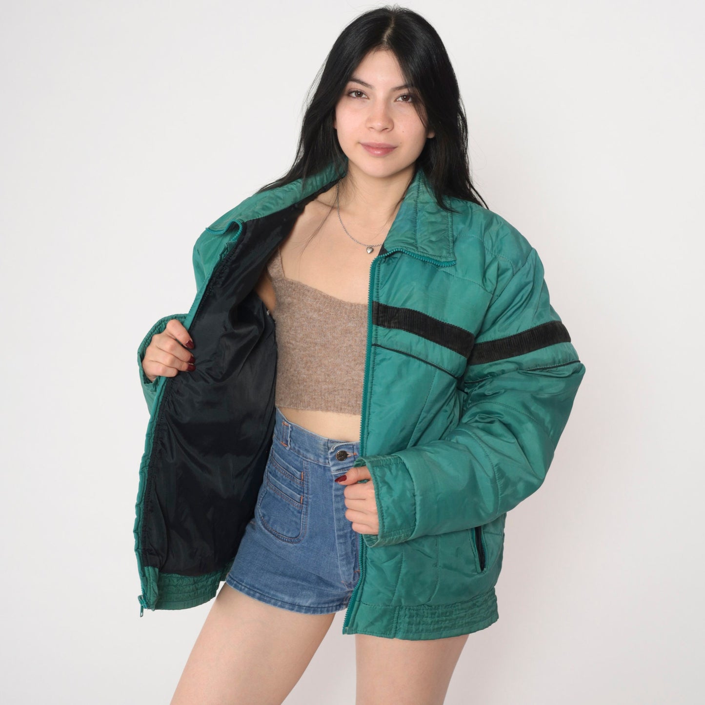 70s Green Puffer Ski Jacket Black Stripe Zip Nylon Insulated Large