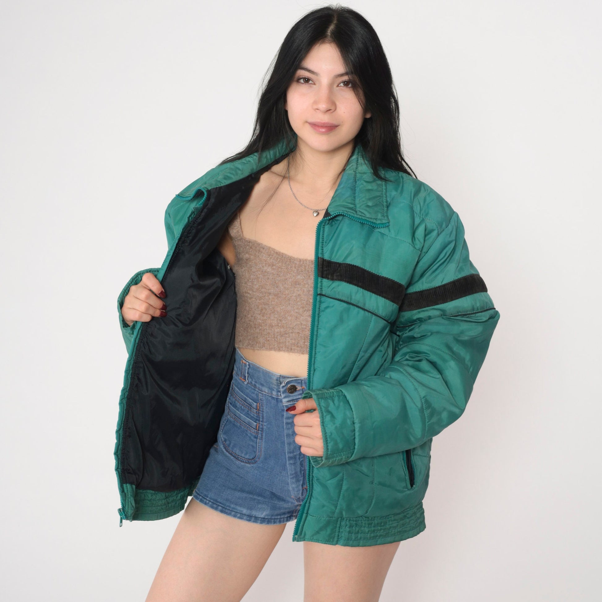 70s Green Puffer Ski Jacket Black Stripe Zip Nylon Insulated Large