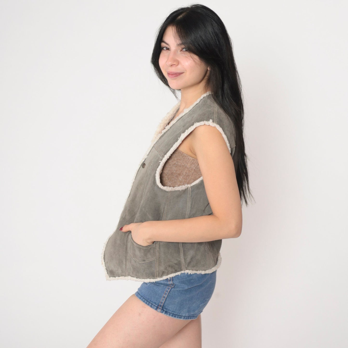 80s Grey Suede Vest Faux Shearling Lined Snap Front Sleeveless Medium