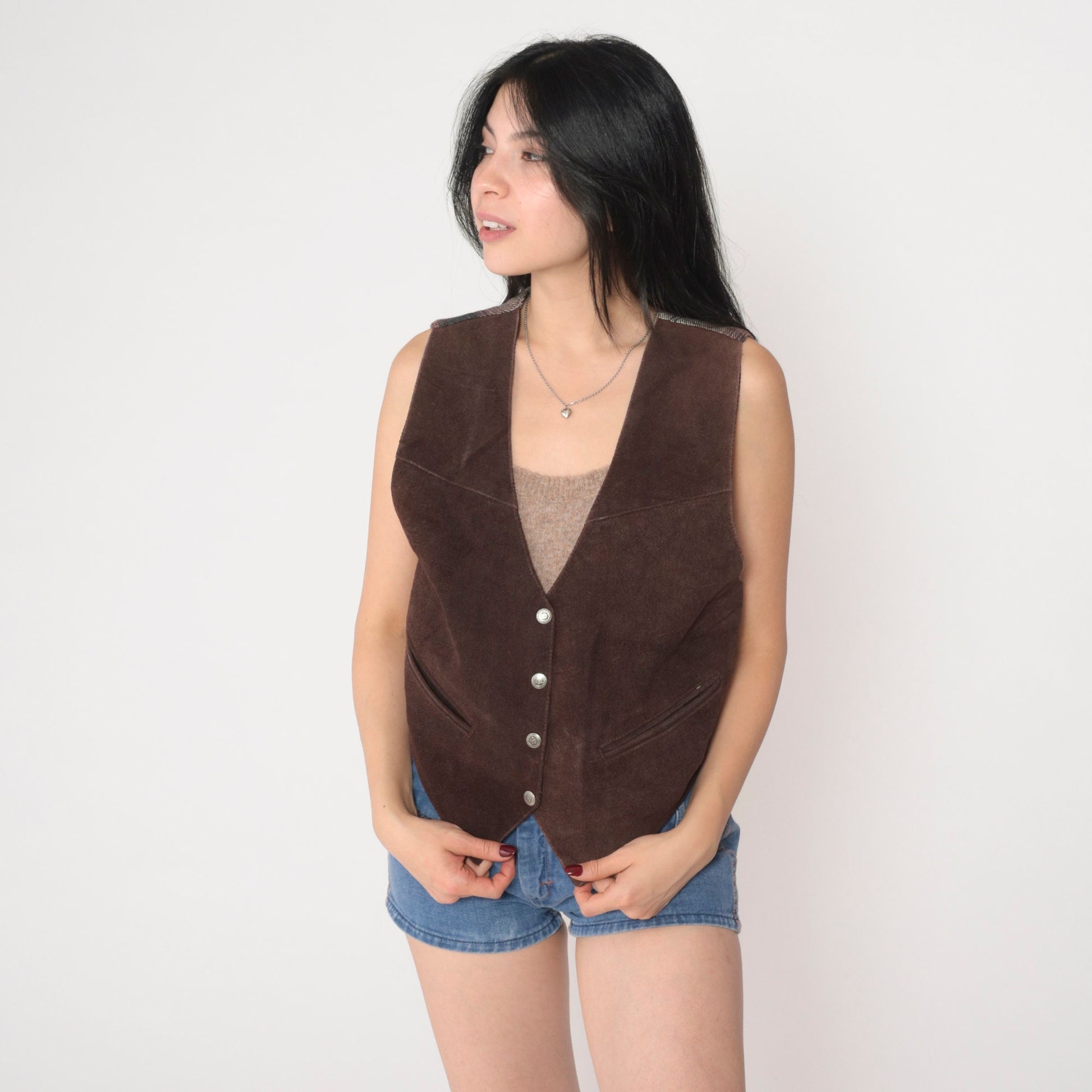 90s Brown Suede Leather Vest Plaid Back Snap Front Medium M