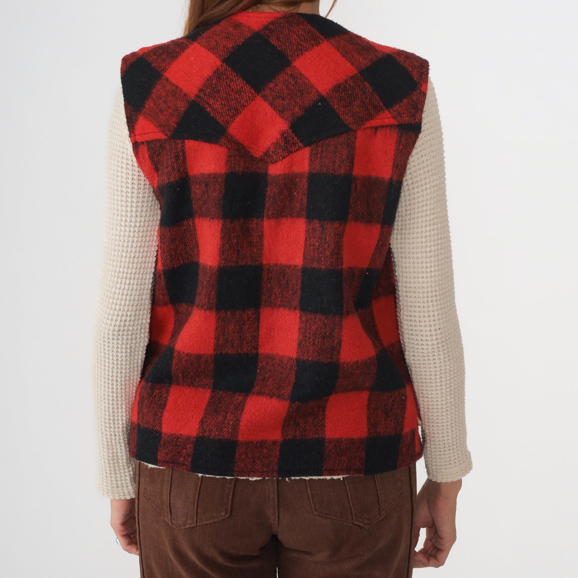 80s Buffalo Plaid Wool Vest Sherpa Lined Snap Button Red Lumberjack Large