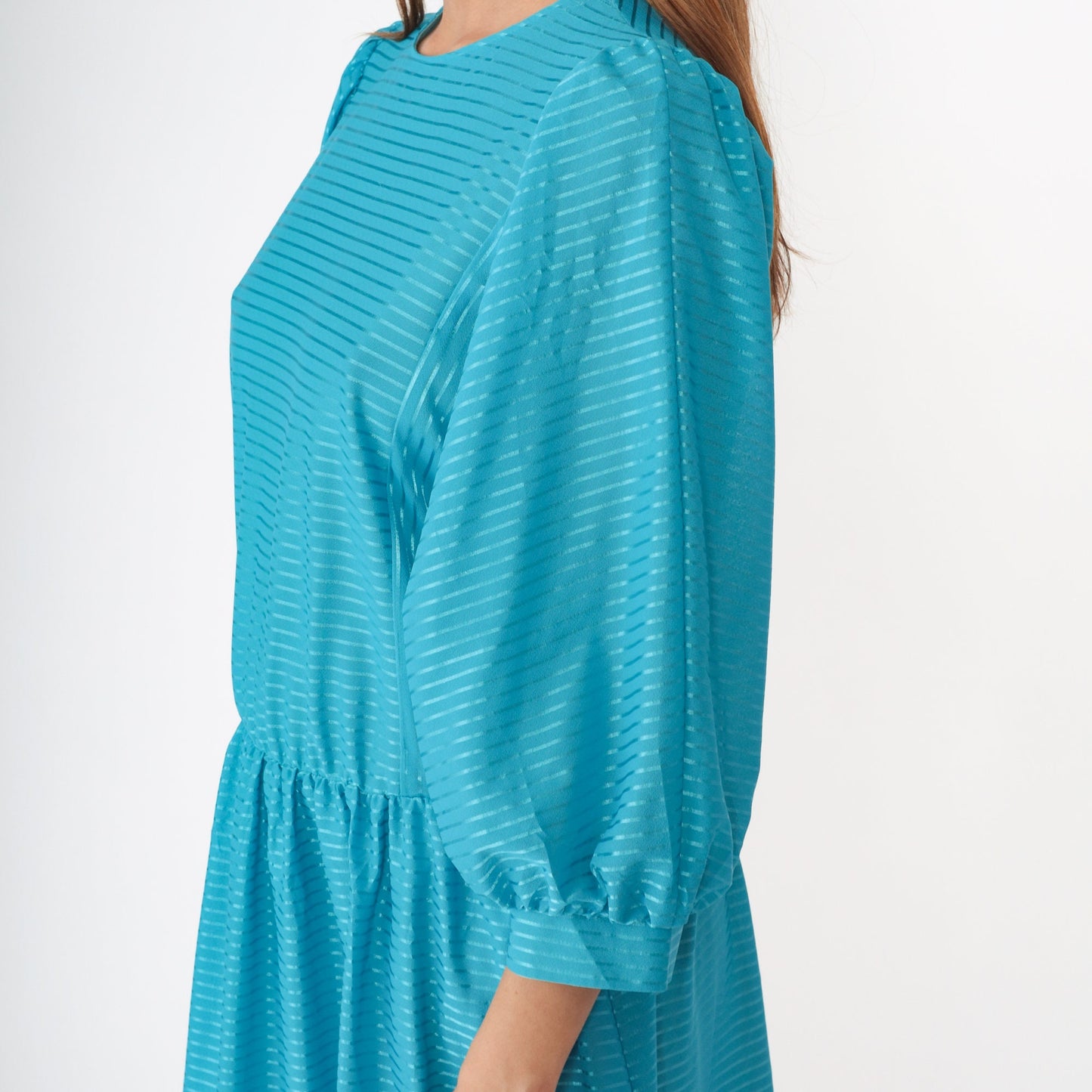 80s Turquoise Striped Midi Dress Dolman Sleeve High Waist Large