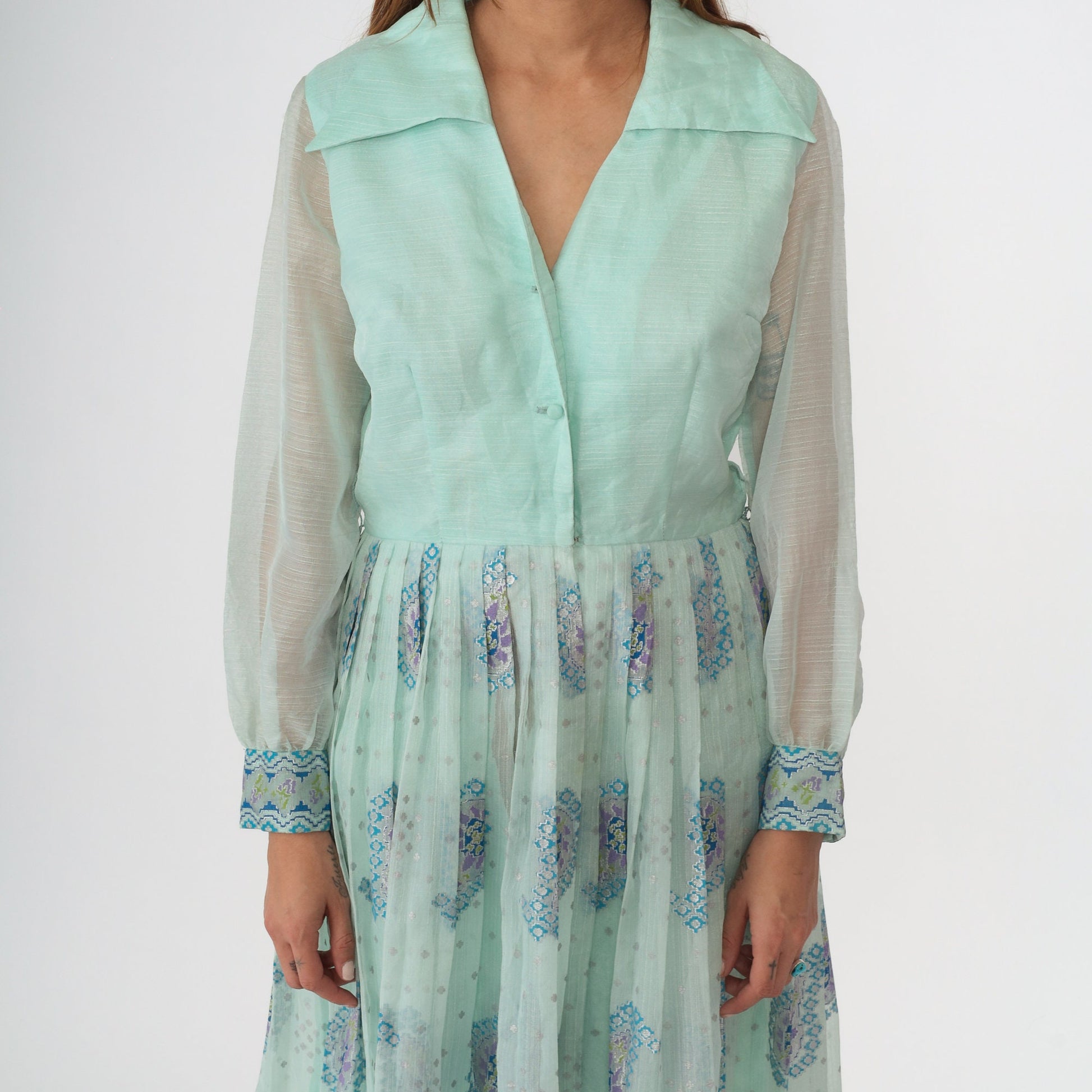 70s Alfred Shaheen Mint Paisley Maxi Dress V-Neck Sheer Sleeve Medium