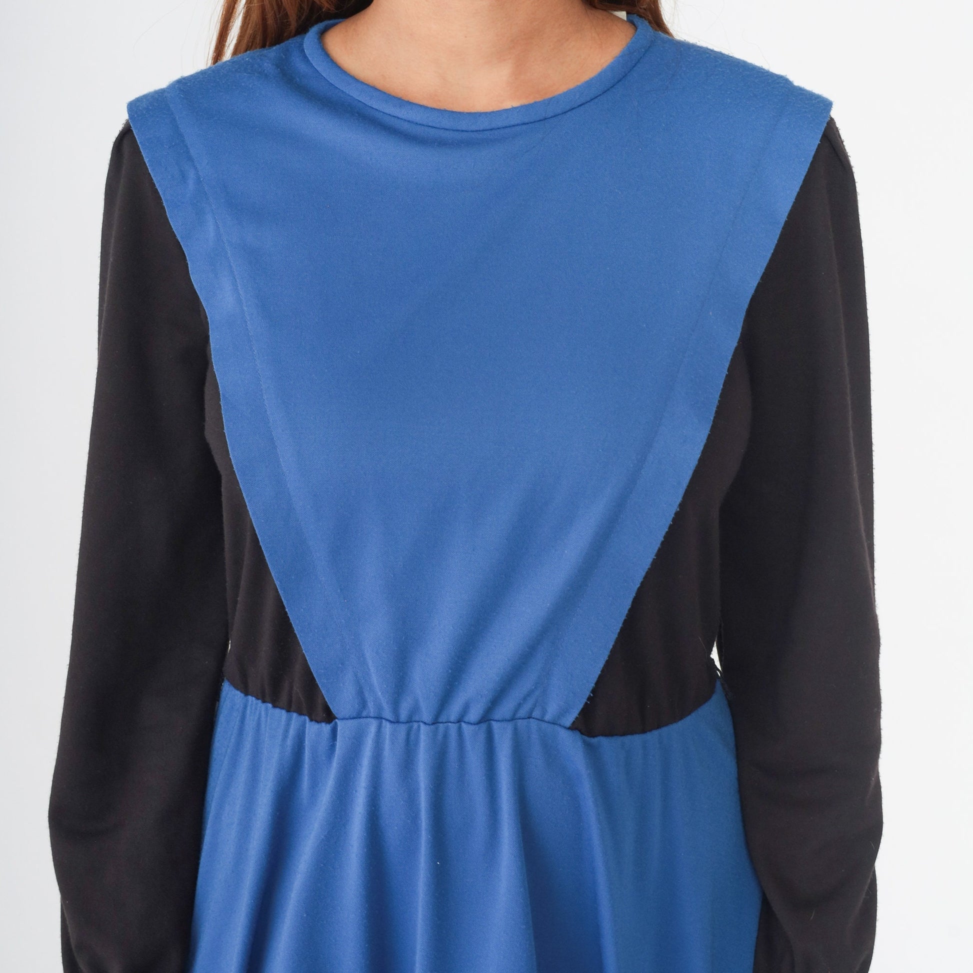 80s Color Block Midi Dress Black Blue High Waist Long Sleeve Small