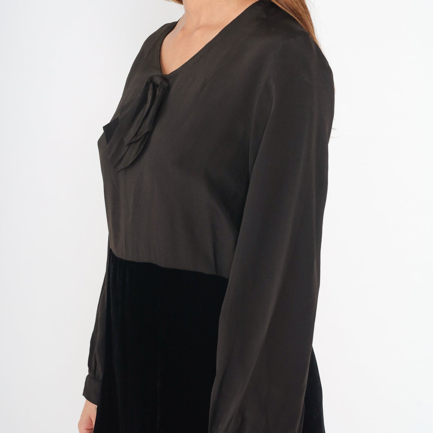 1940s Black Velvet Bow Neck Dress Long Sleeve Mini Medium