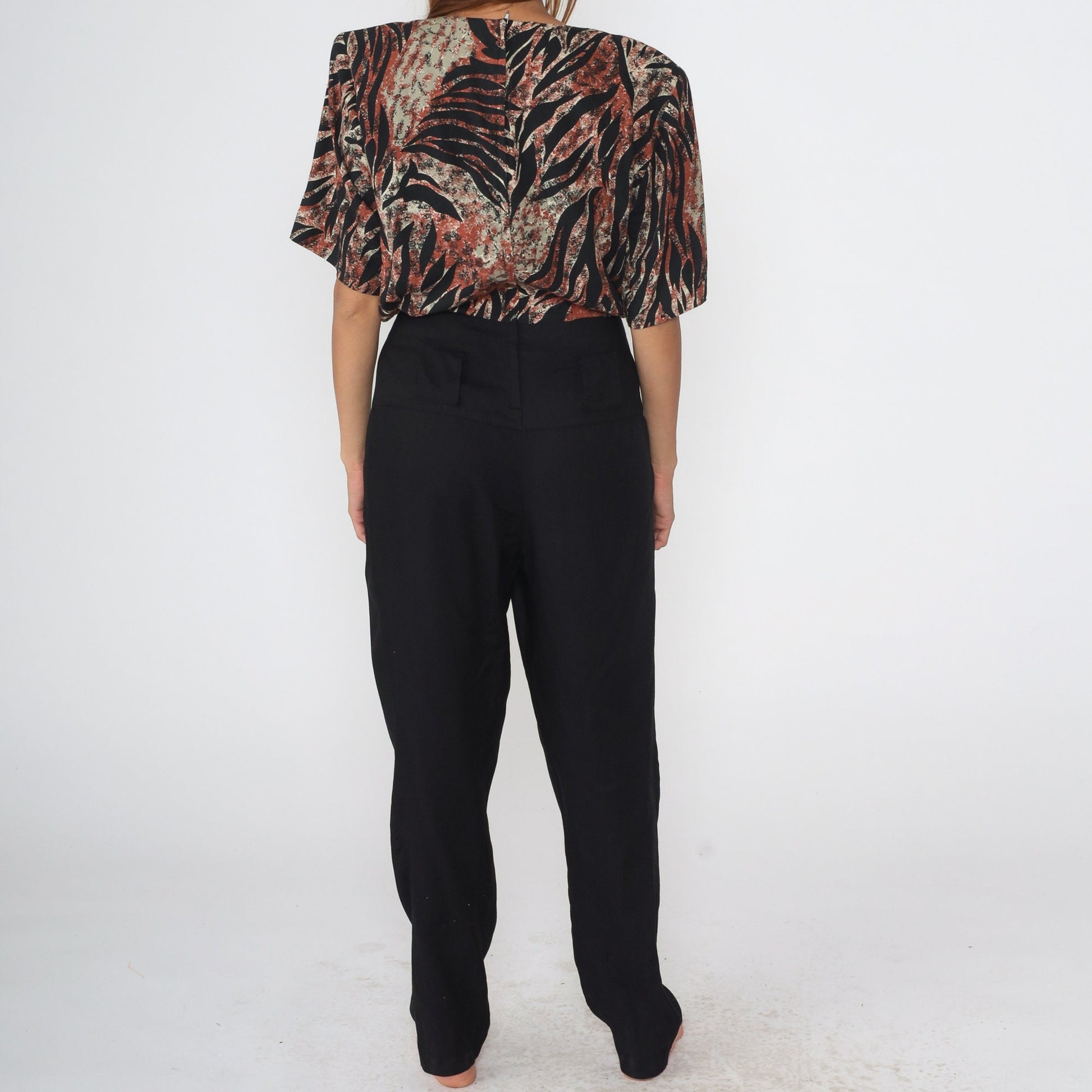 90s Zebra Print Jumpsuit Black Basque Waist Tapered Leg Short Sleeve Medium