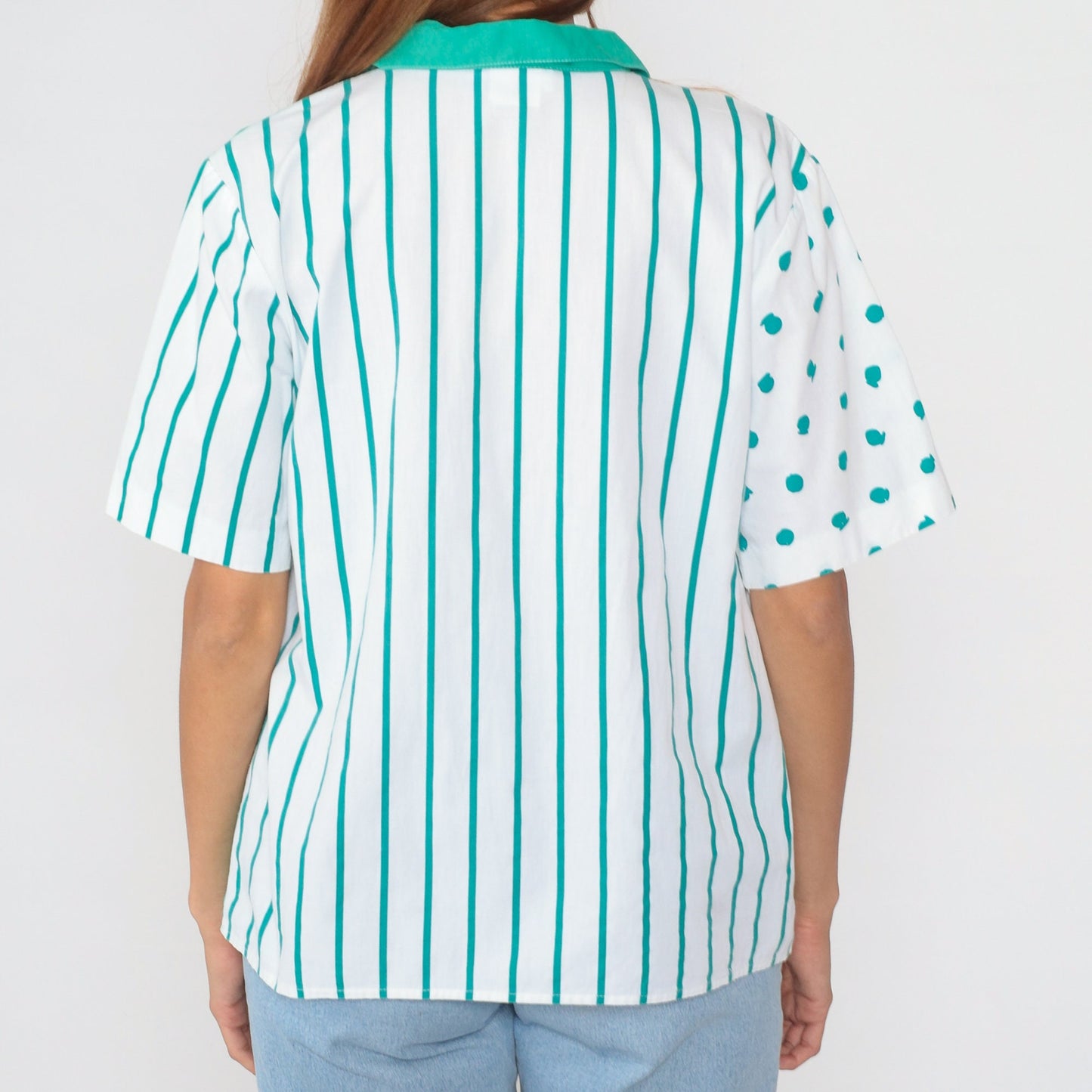 90s Colour Block Button-Up Blouse White Green Polka Dot Stripe Cotton Large L