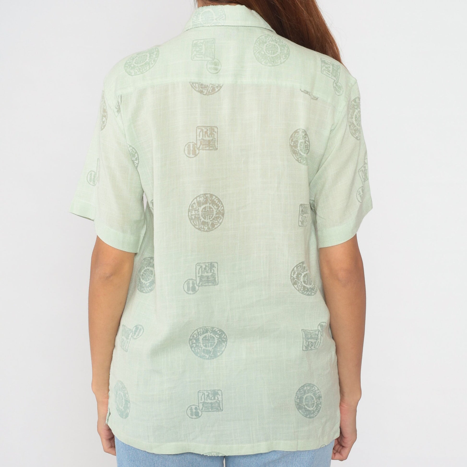 90s Quiksilver Medallion Print Button-Up Shirt Green Semi-Sheer Large L