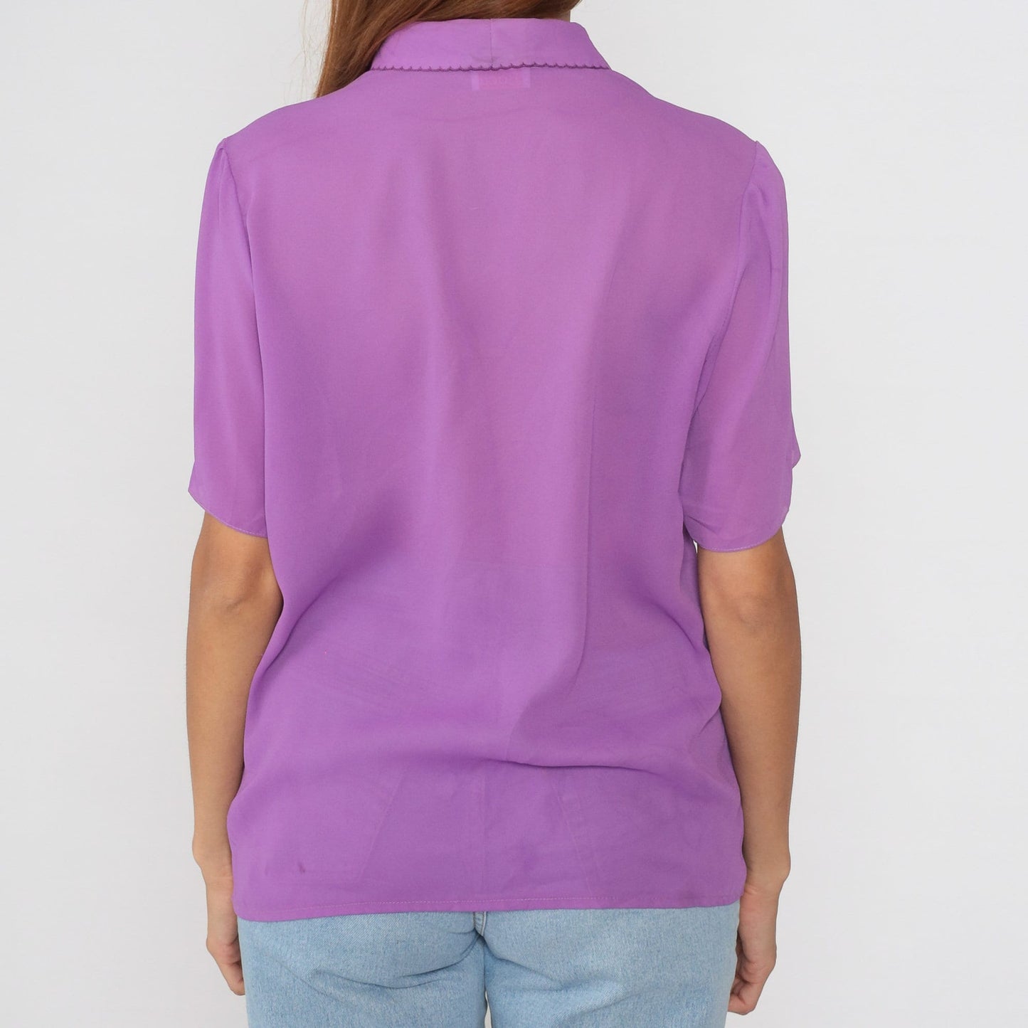 80s Purple Puff Sleeve Blouse Button Up Pleated Collared Top Large