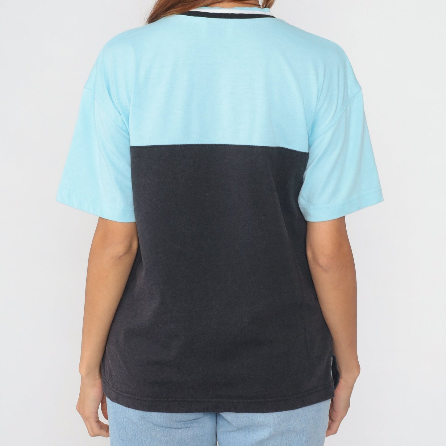 90s Colorblock Ringer Tee Embroidered Floral Blue Black Medium