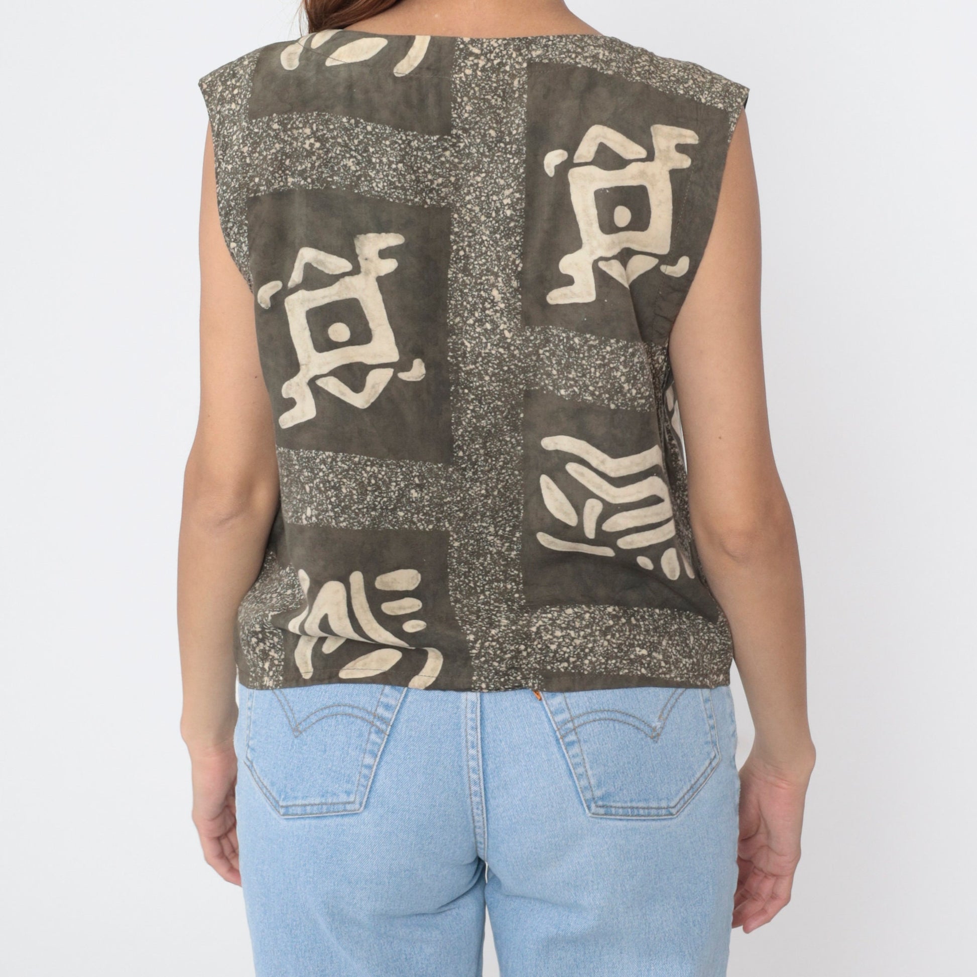Y2K Petroglyph Print Vest Brown Rayon V-Neck Button-Up Sleeveless Large L
