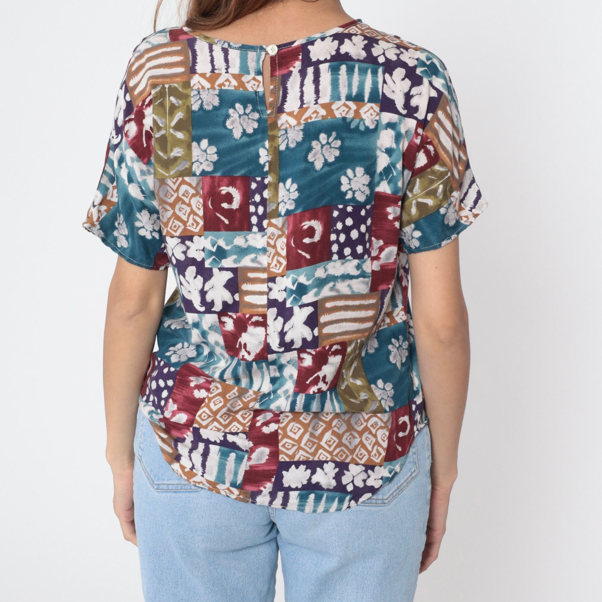 90s Patchwork Floral Geometric Short Sleeve Blouse Blue Burgundy Medium