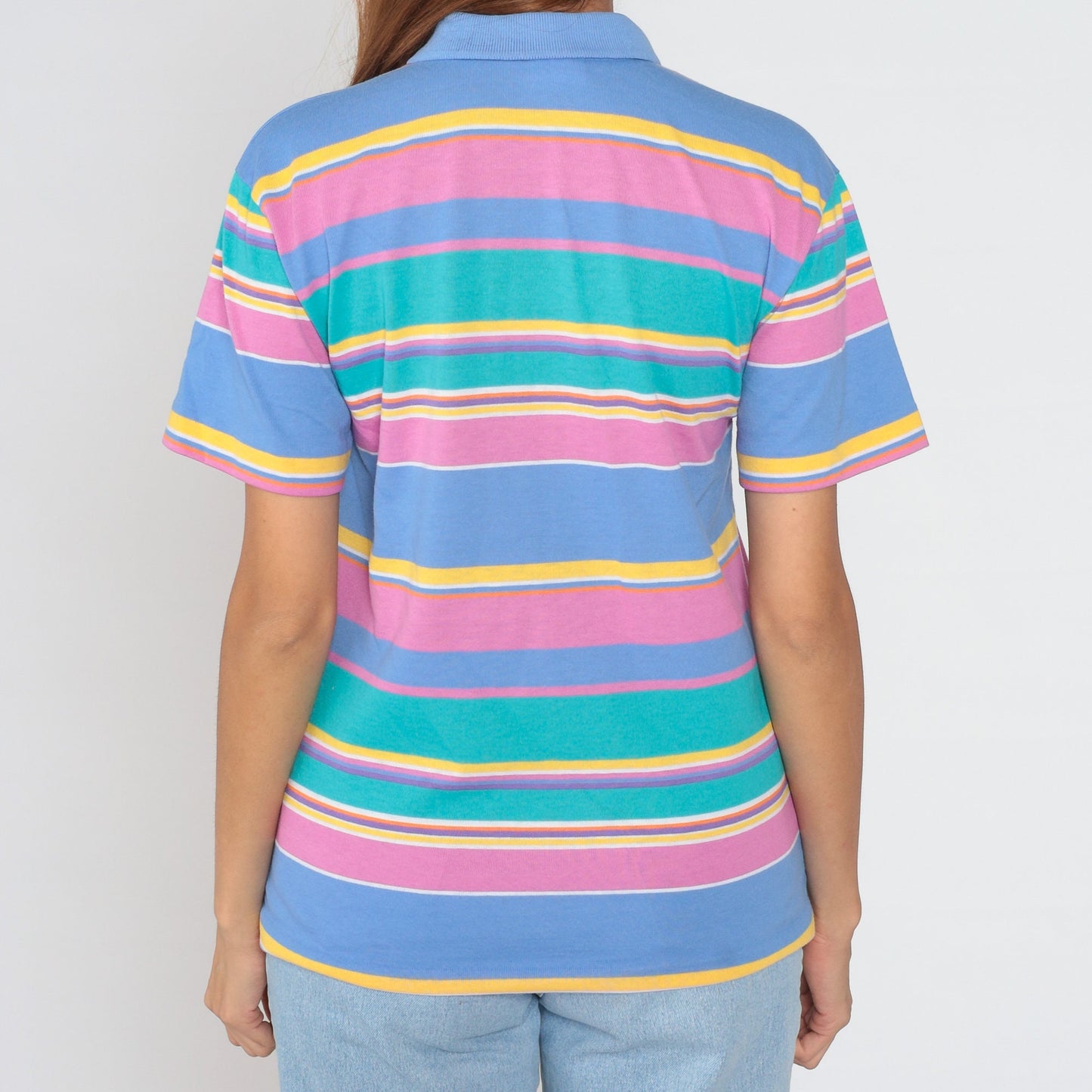 90s Jantzen Striped Polo Shirt Multicolour Half-Button Collared Tee Medium M