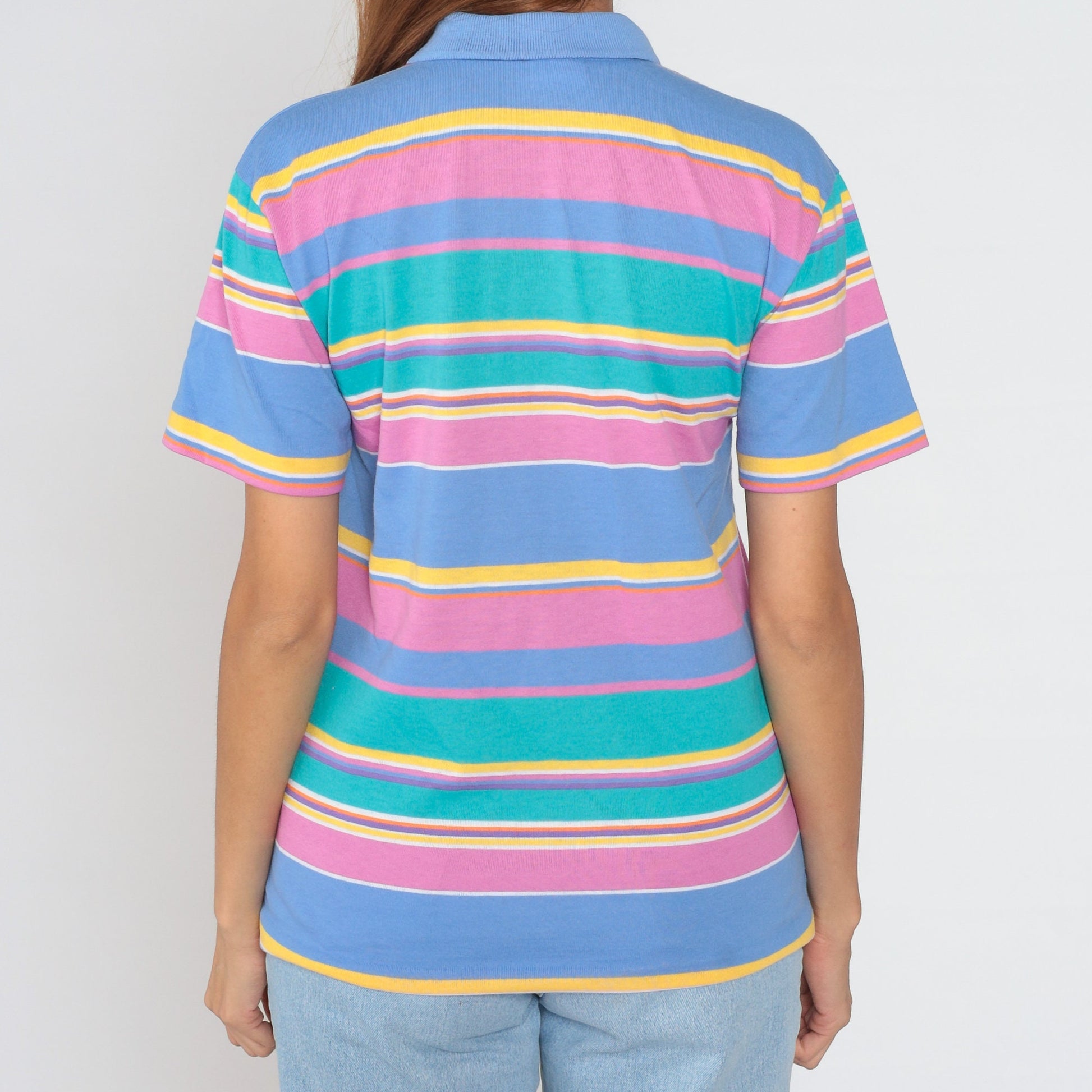 90s Jantzen Striped Polo Shirt Multicolour Half-Button Collared Tee Medium M