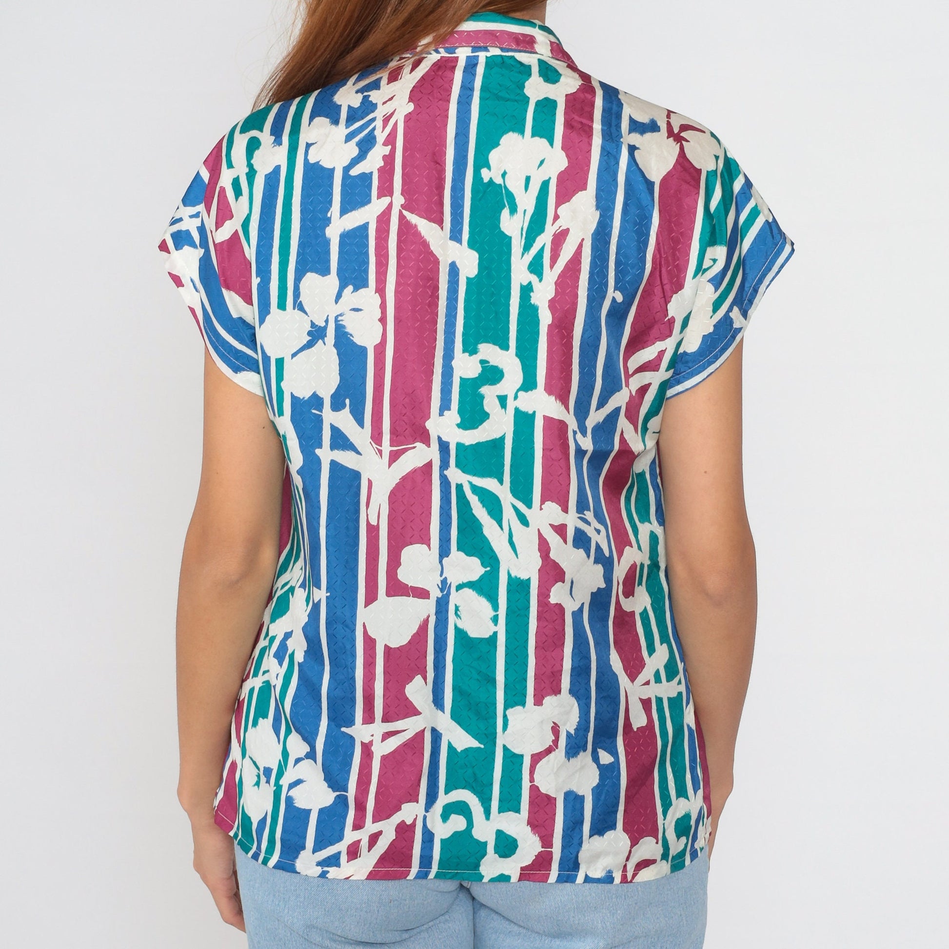 90s Tanjay Striped Floral Button-Up Blouse Cap Sleeve Multicolor Medium