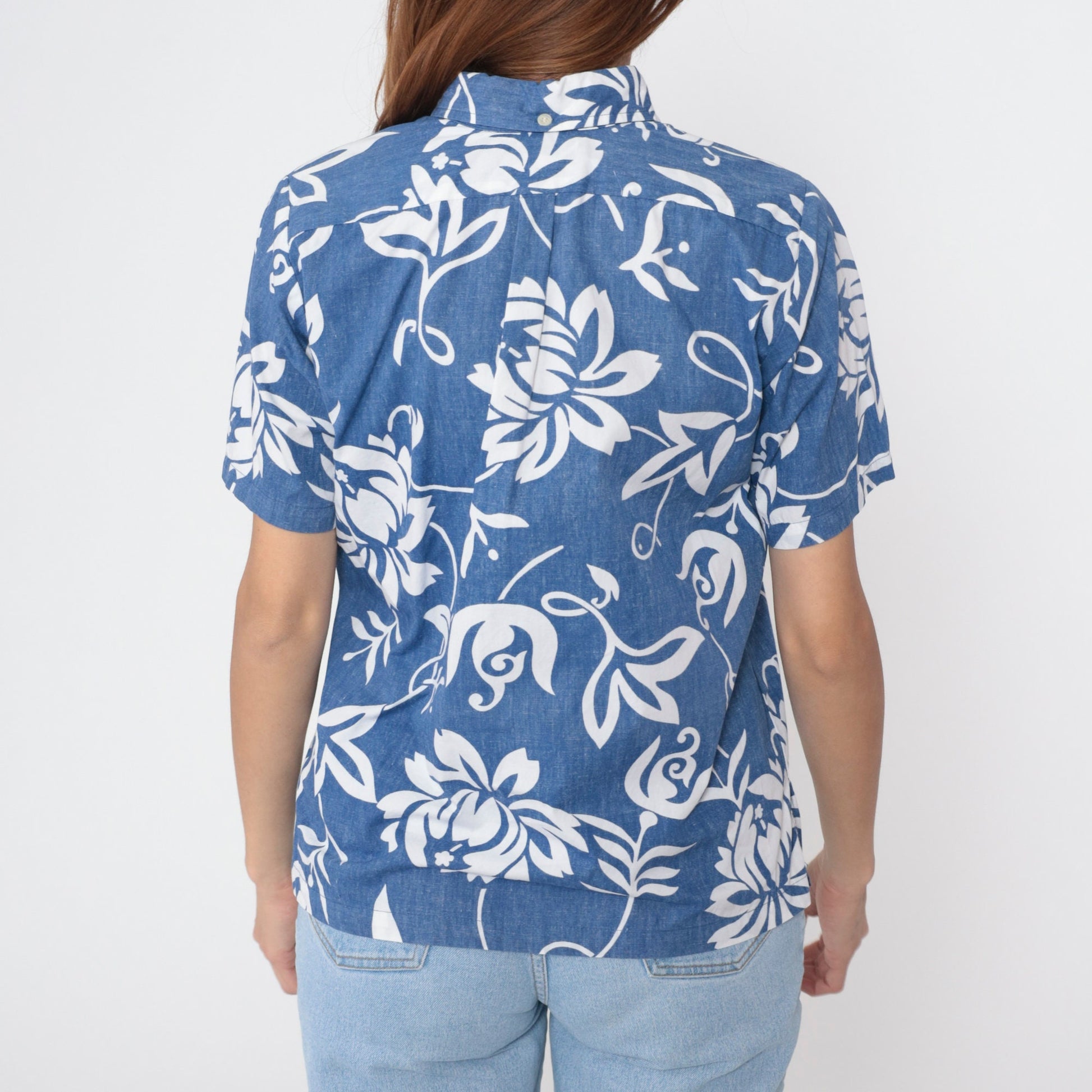 00s Blue Floral Tropical Cotton Button-Up Shirt Short Sleeve Extra Small