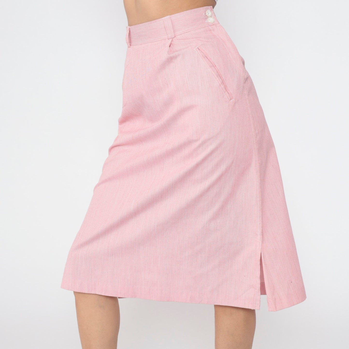 80s Pink Pinstriped Midi Skirt High Waist Straight Cut Small S