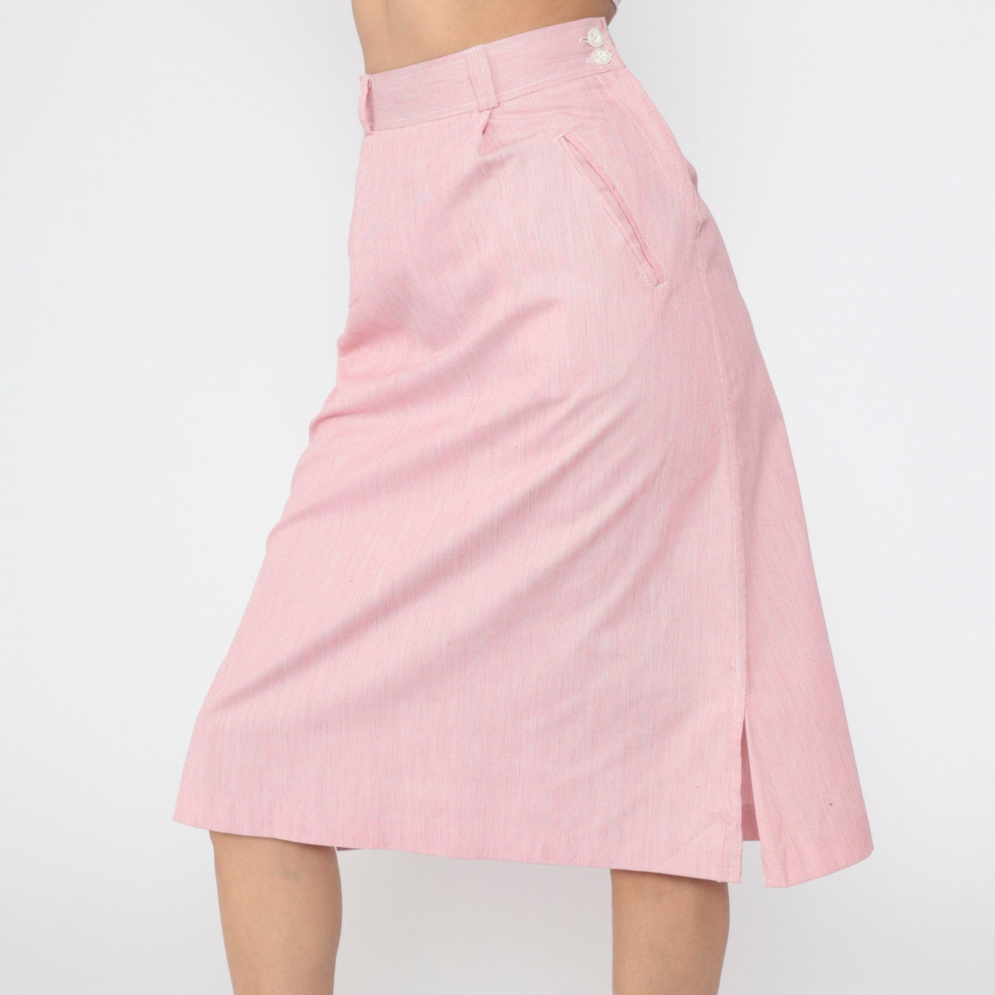 80s Pink Pinstriped Midi Skirt High Waist Straight Cut Small S