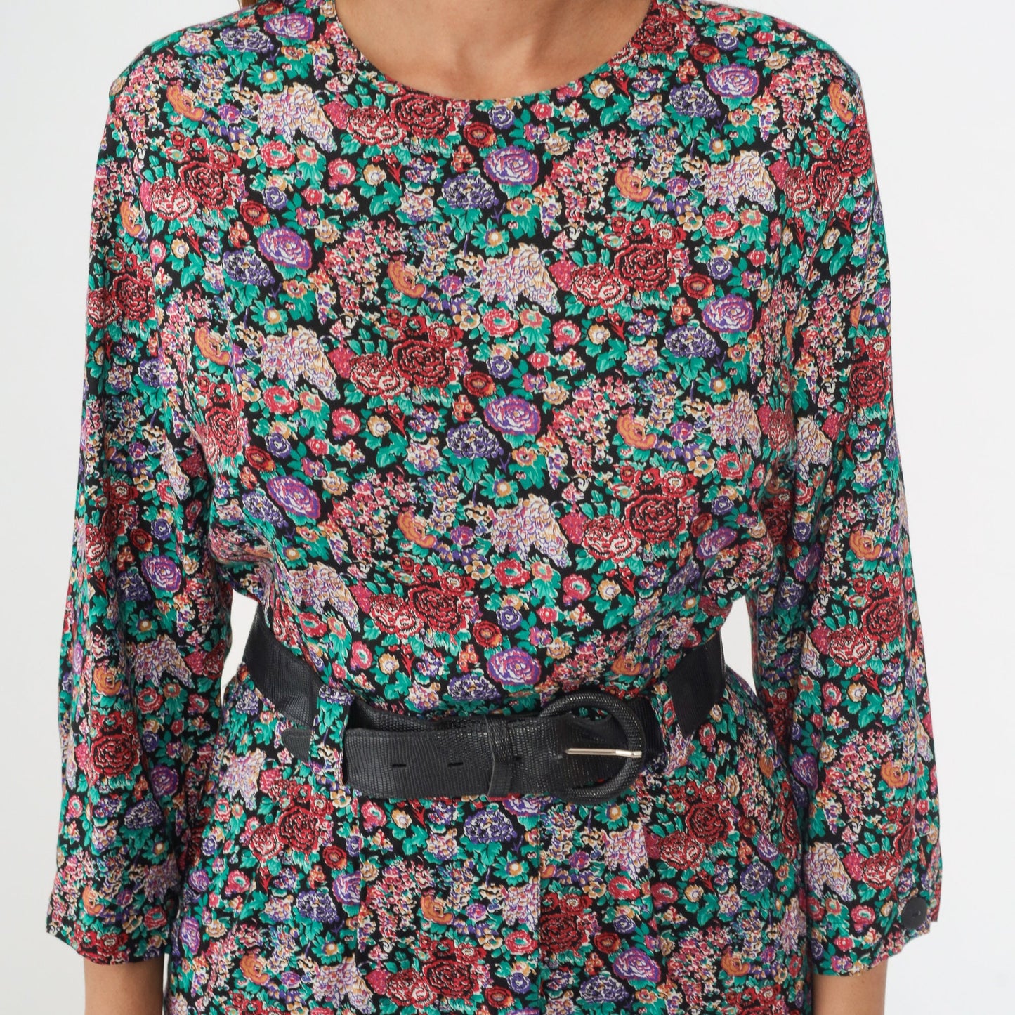 80s Katie Petites Floral Midi Dress Long Sleeve Button Back Black Belt Small