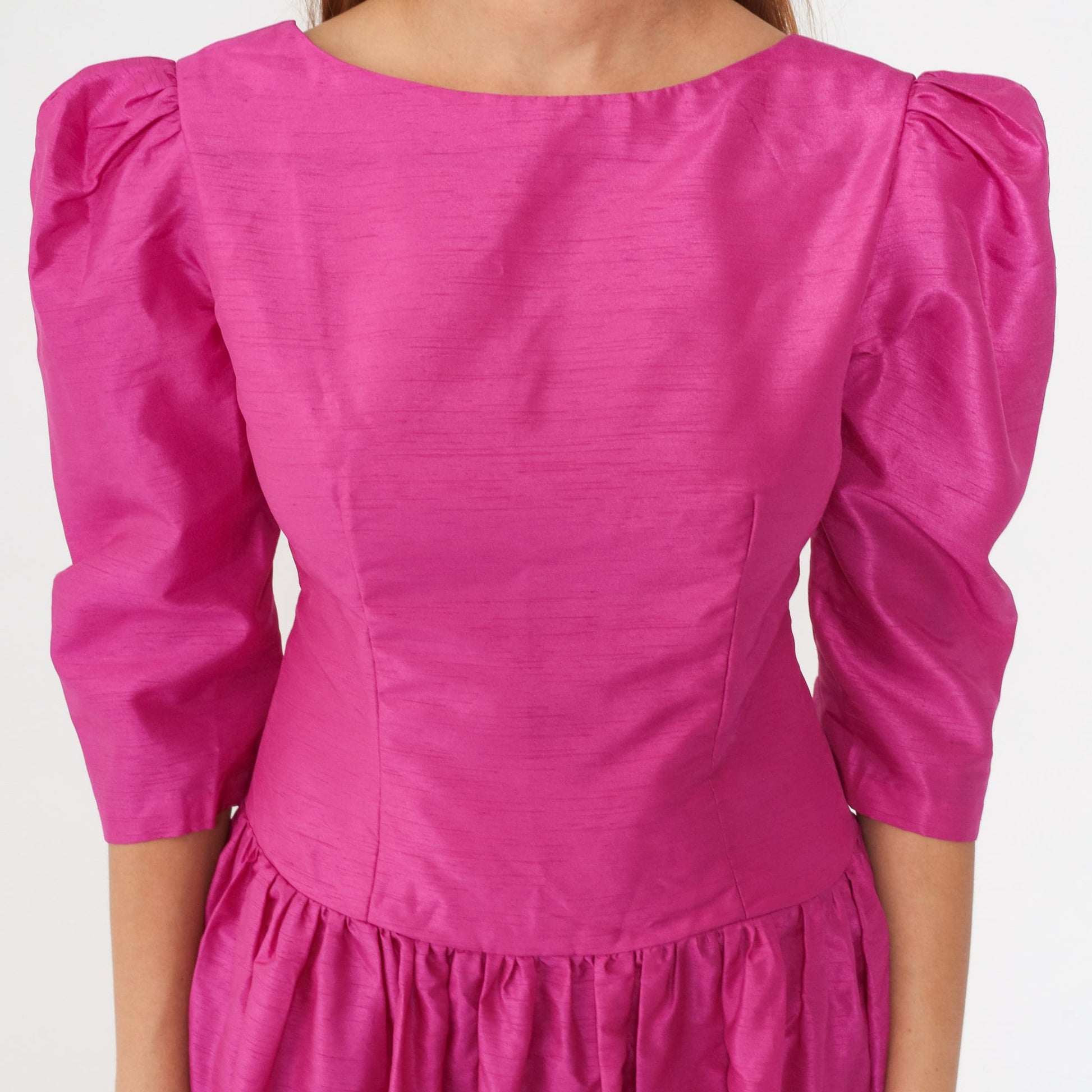 80s Fuchsia Pink Puff Sleeve Midi Dress Drop Waist Full Skirt Small