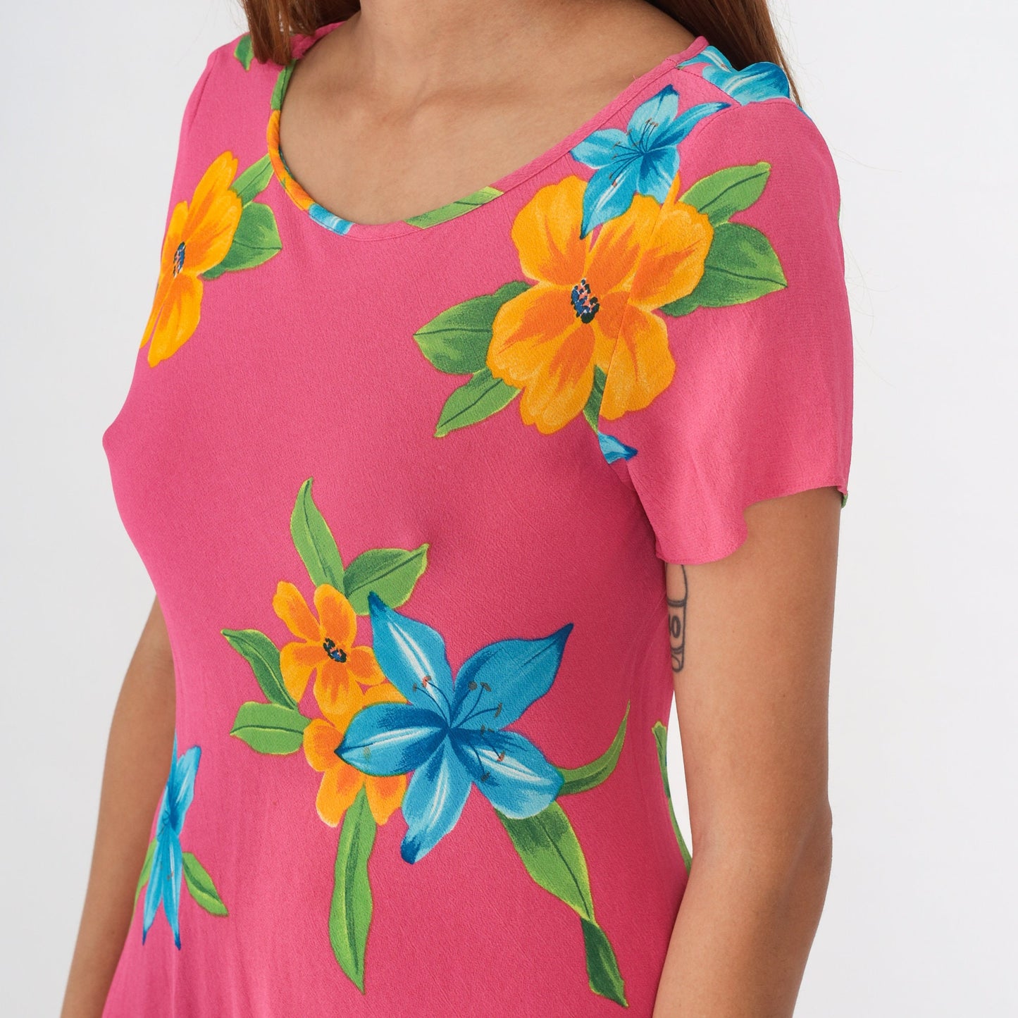 90s Casual Corner Floral Mini Dress Pink Tropical Flower Print Small S