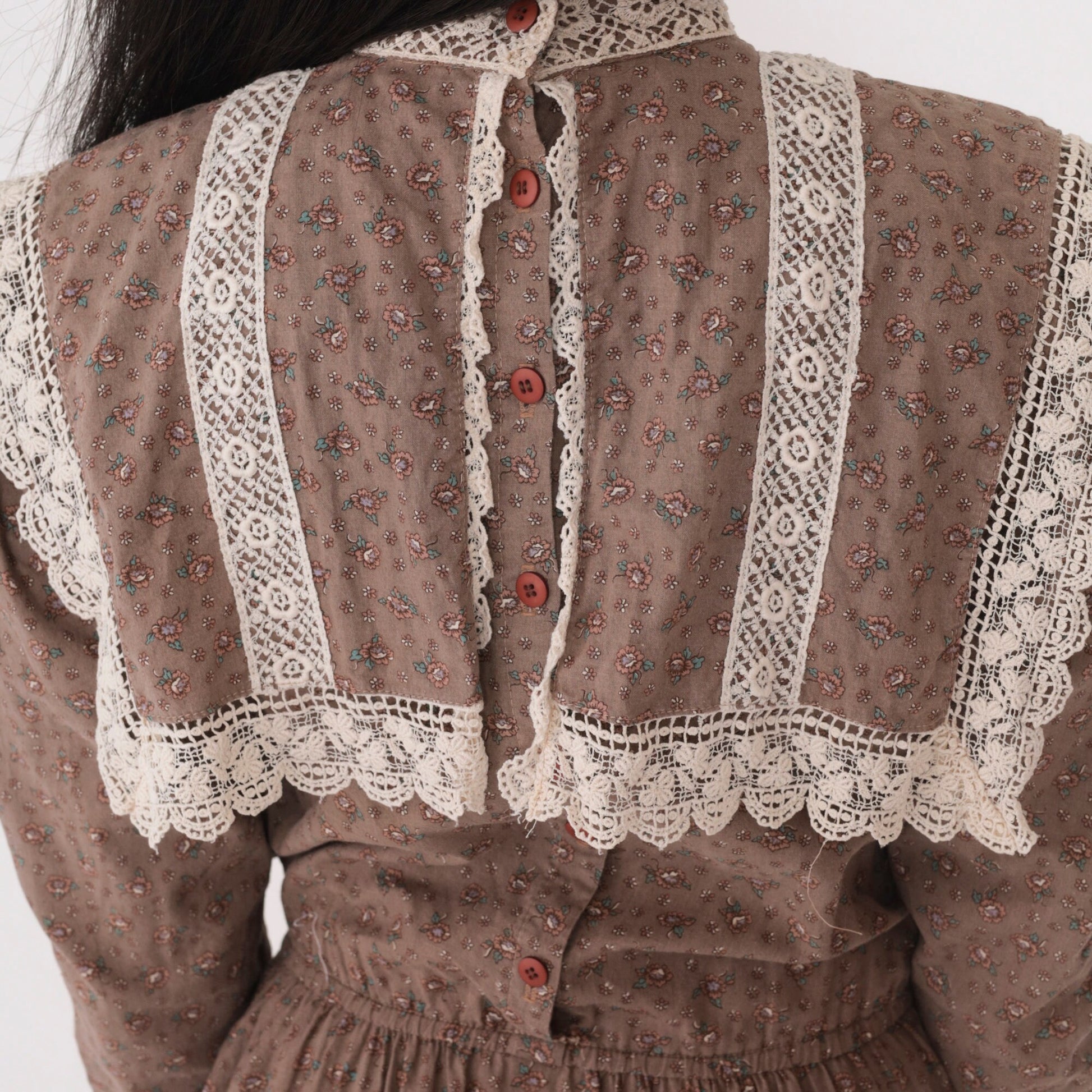 70s Jessica McClintock Floral Prairie Midi Dress Cocoa Brown Lace Bib Extra Small