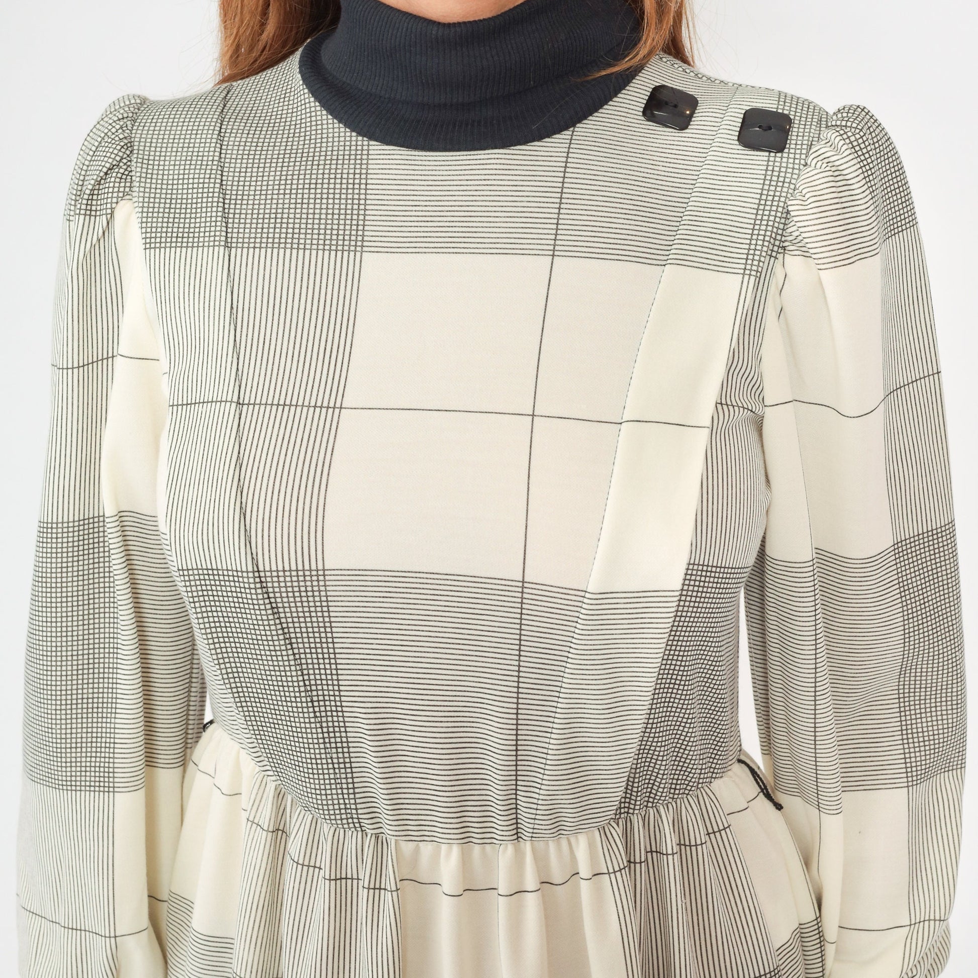 80s Cream Black Checkered Midi Dress Puff Sleeve Turtleneck Small Petite