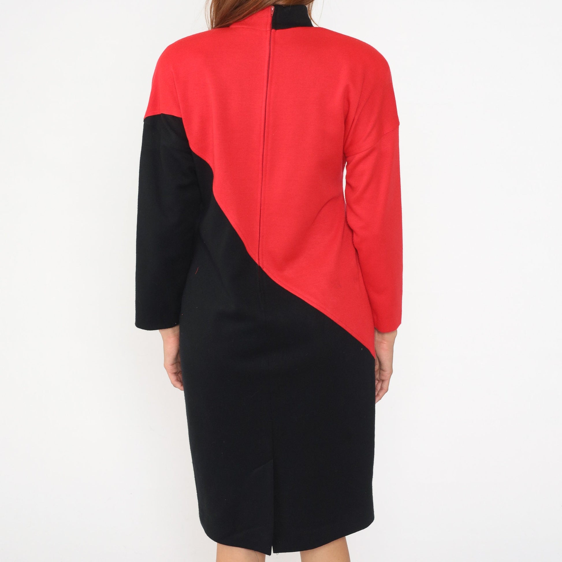 80s Color Block Dress Red Black Mock Neck Sheath Midi Long Sleeve Medium