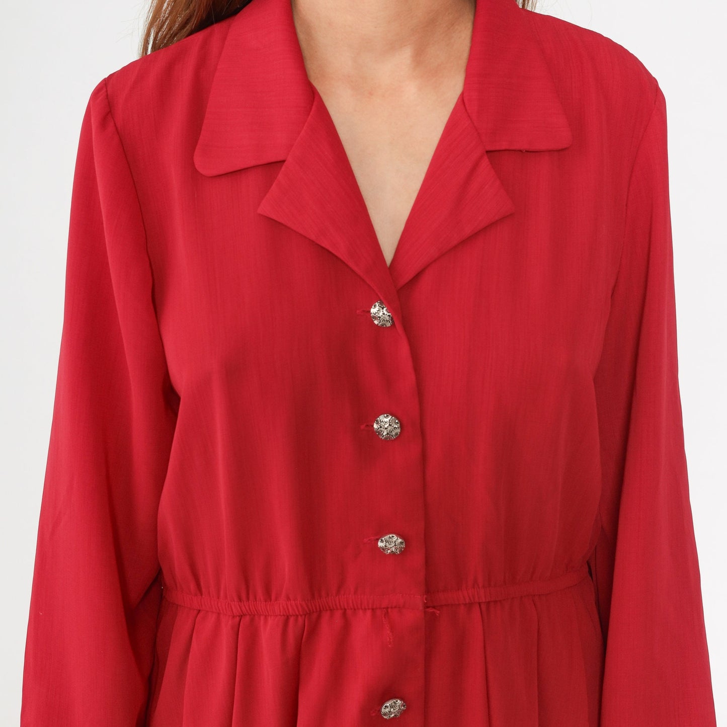 90s Leslie Fay Red Button-Up Midi Dress Elastic Waist Petite Medium