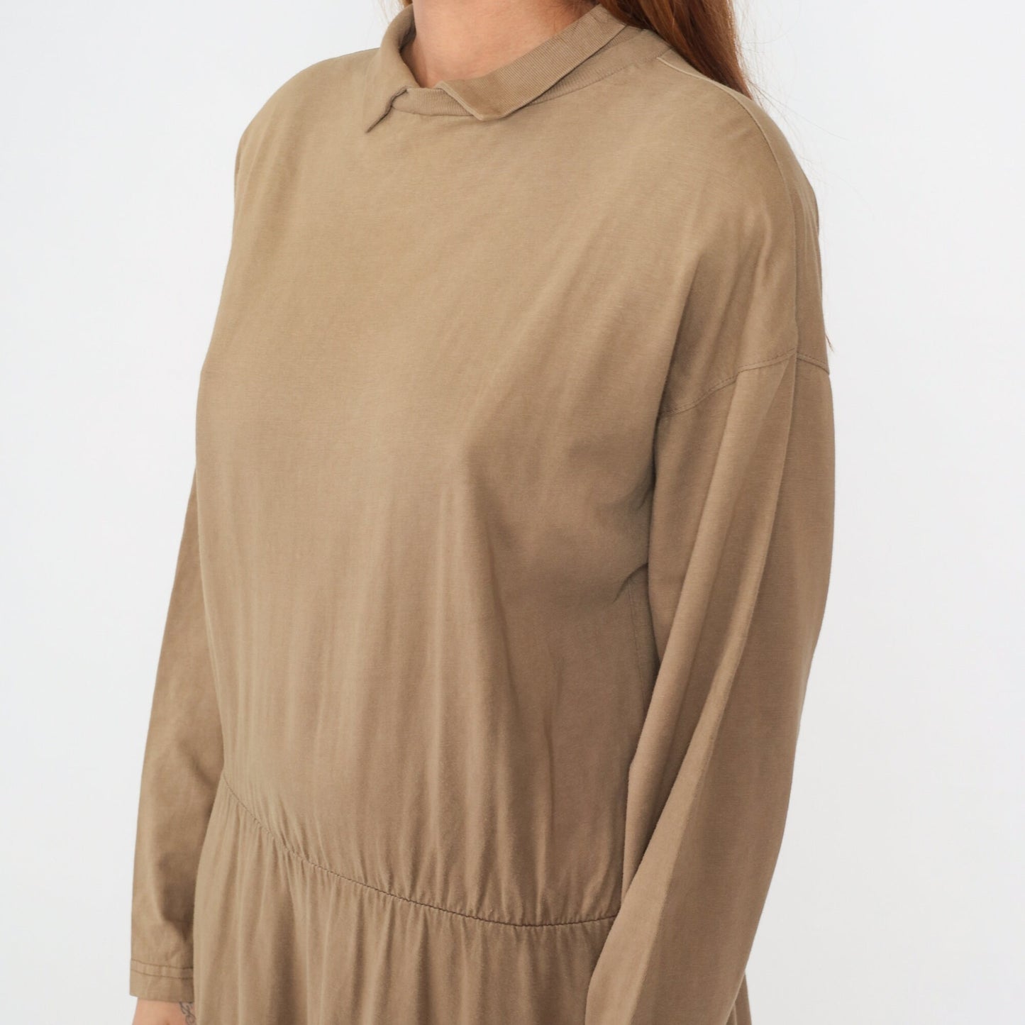 90s Brass Plum Khaki Cotton Maxi Dress Collared Long Sleeve Medium