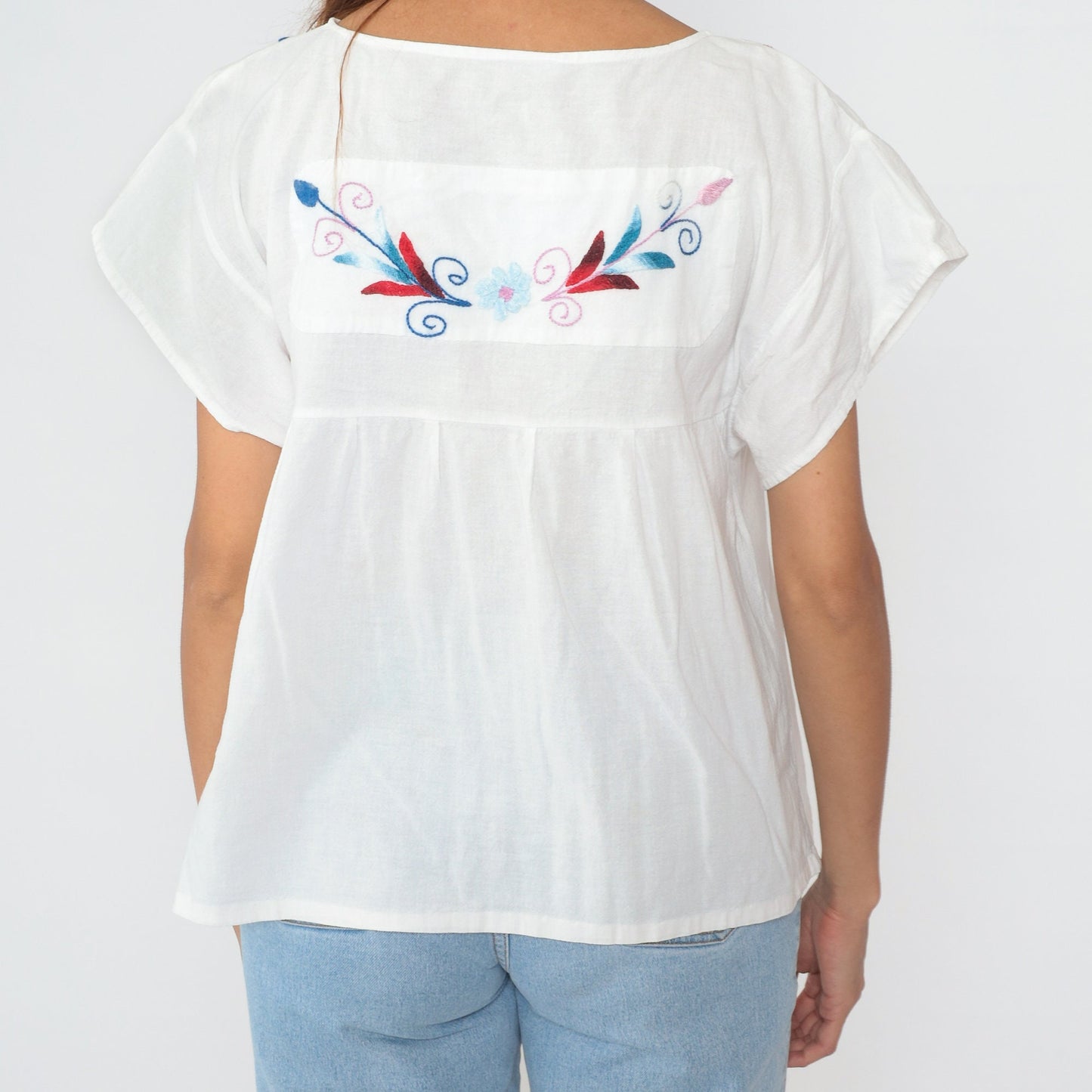 90s Mexican Floral Embroidered Blouse White Cotton Babydoll Empire Waist Small
