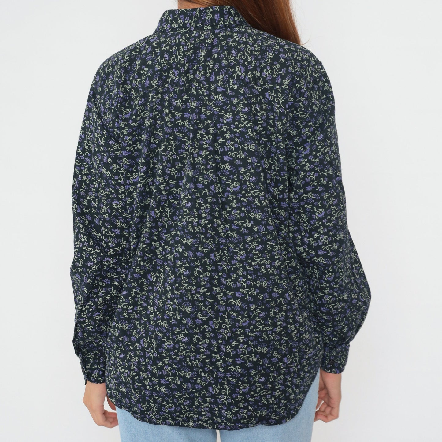 90s Black Corduroy Floral Button-Up Blouse Long Sleeve Collared Ditsy Print Large