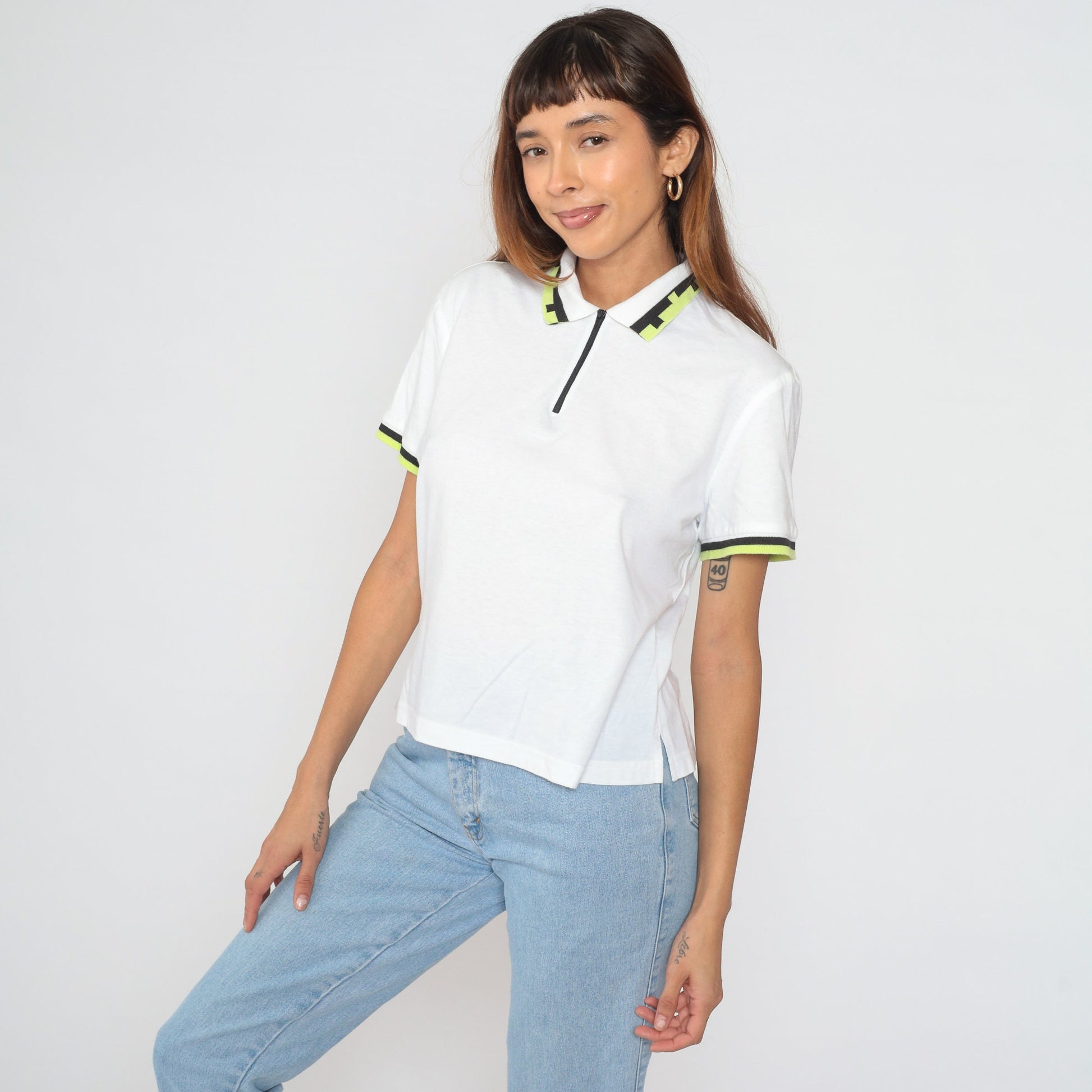 90s Lily's of Beverly Hills Half-Zip Polo White Striped Ringer Medium M