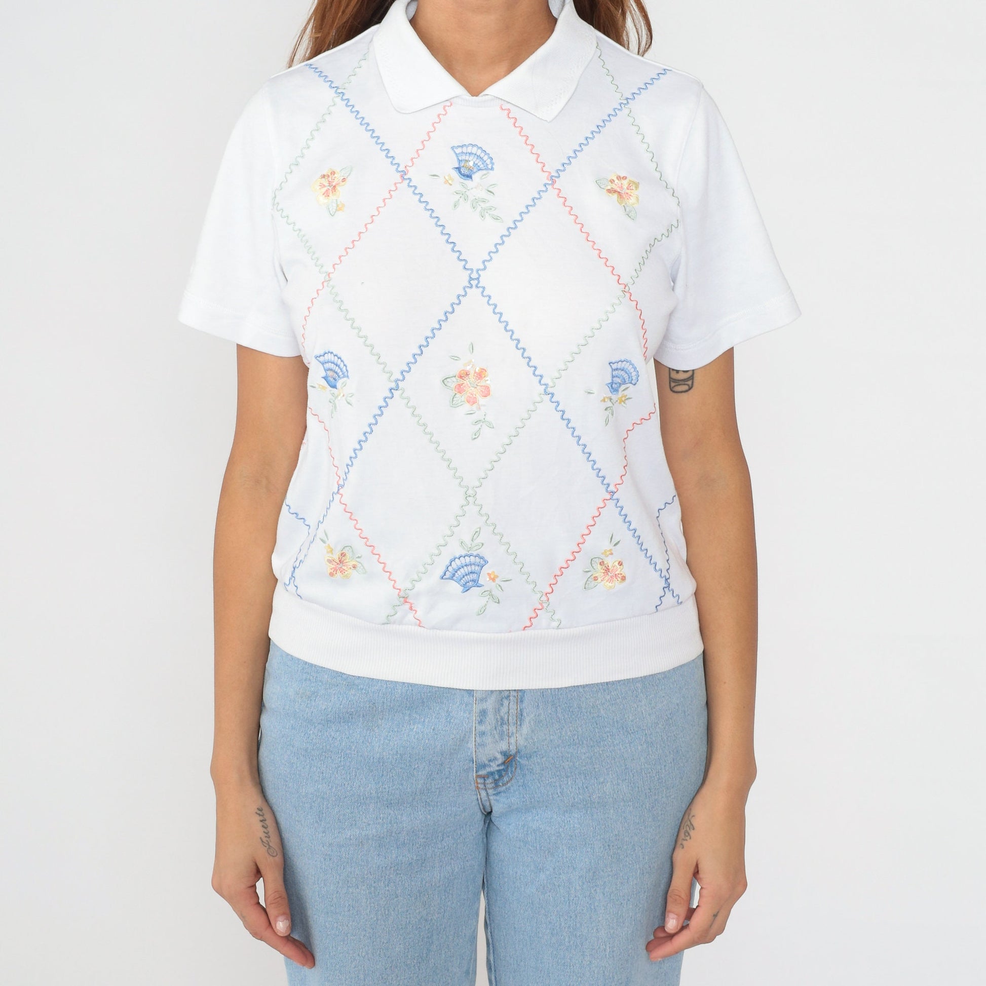 90s Alfred Dunner Floral Embroidered Polo Shirt White Sequin Pastel Small