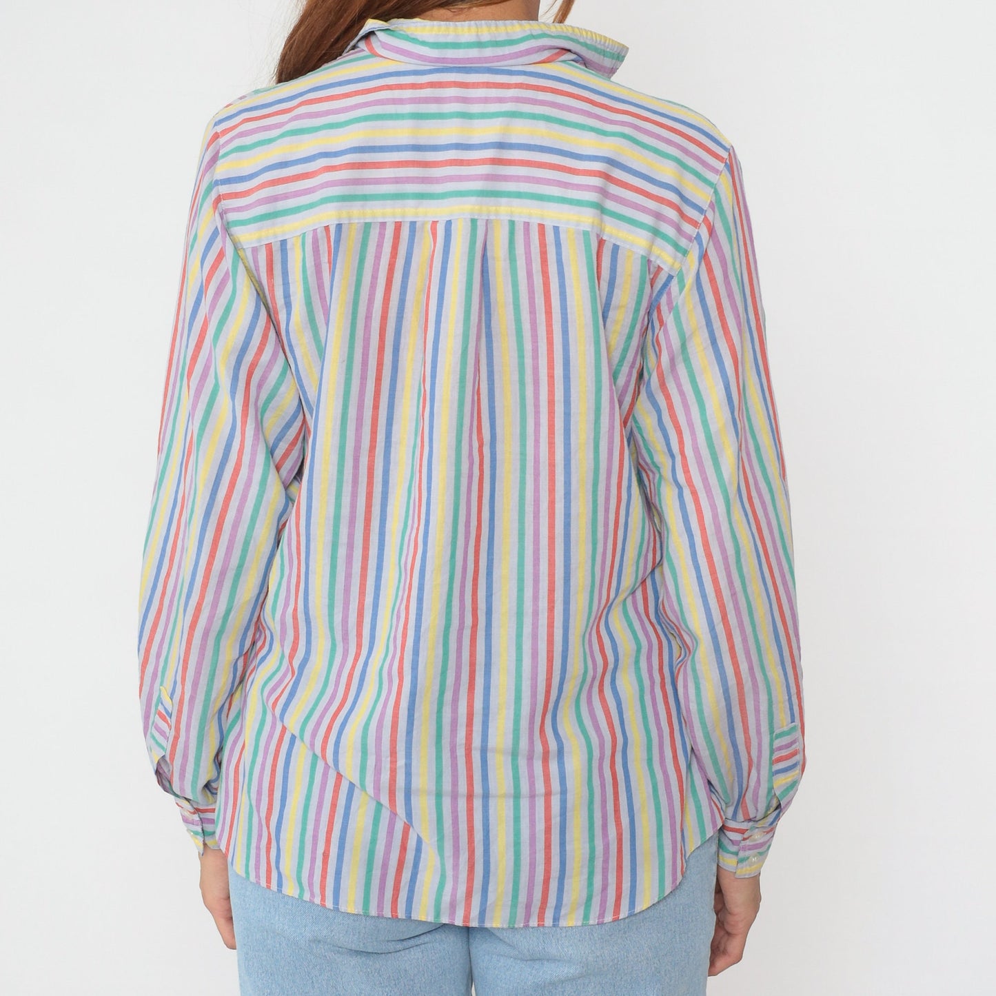80s Rainbow Striped Button-Up Blouse Multicolor Long Sleeve Medium Large