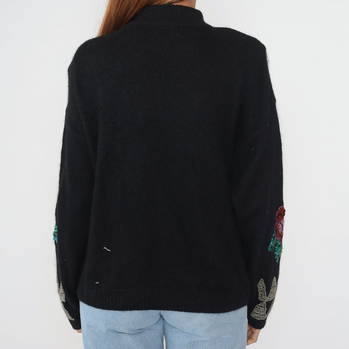 90s Black Sequin Floral Sweater Knit Pullover Silk Angora Blend Medium M
