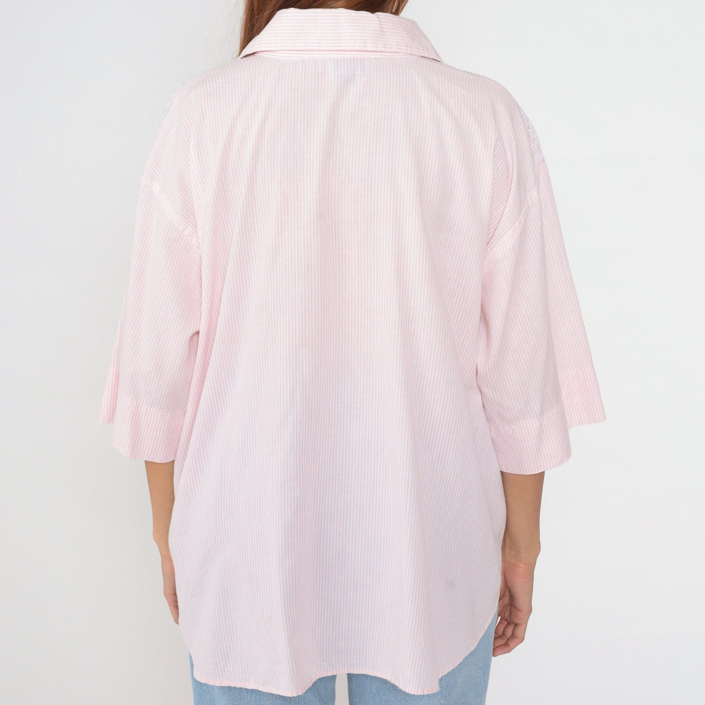 90s Pink White Striped Button-Up Blouse Lace Yoke Half Sleeve Extra Extra Large XXL